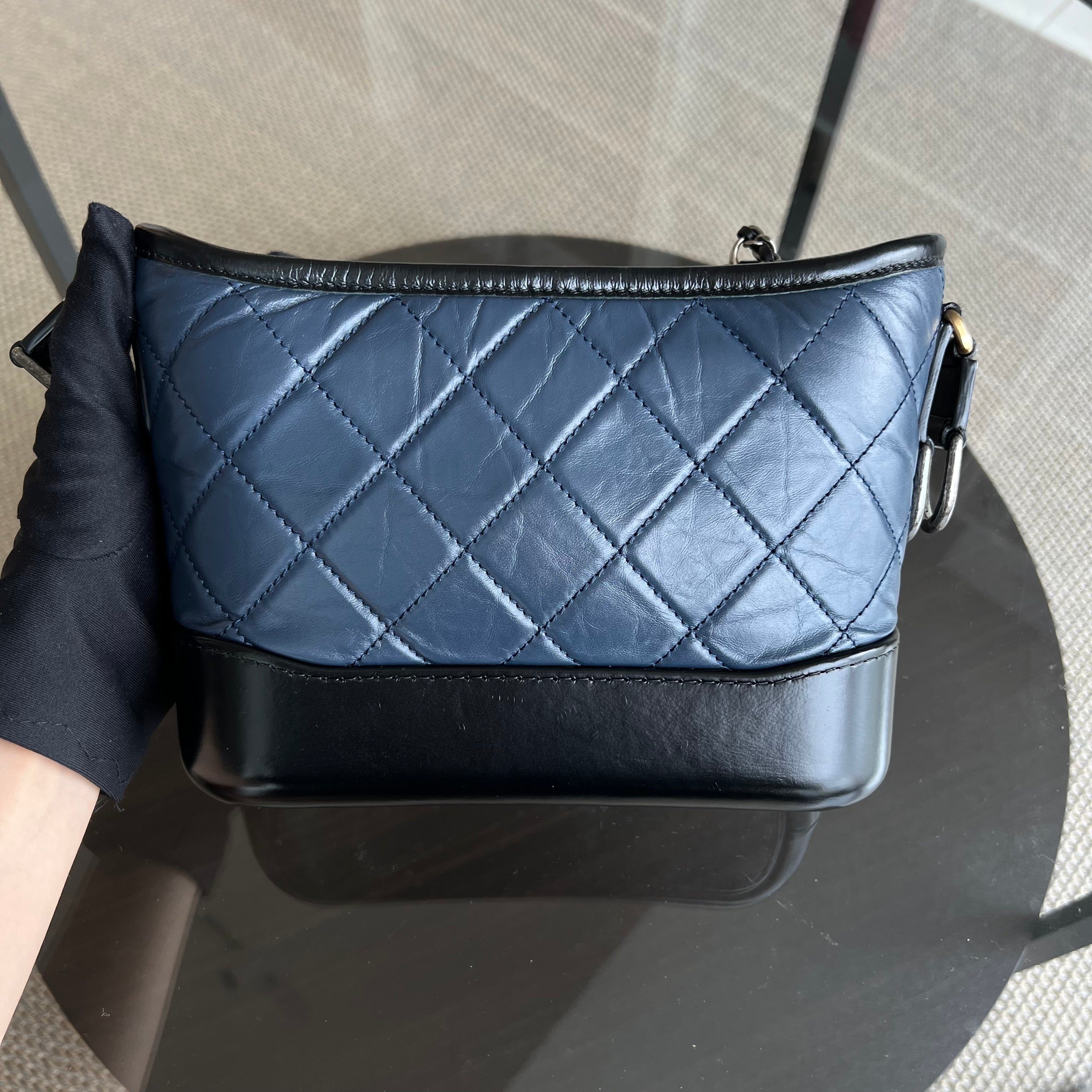 Chanel Small Gabrielle Hobo Quilted Calfskin Dark Blue Black Two-Tone Hardware - Luxury Evermore