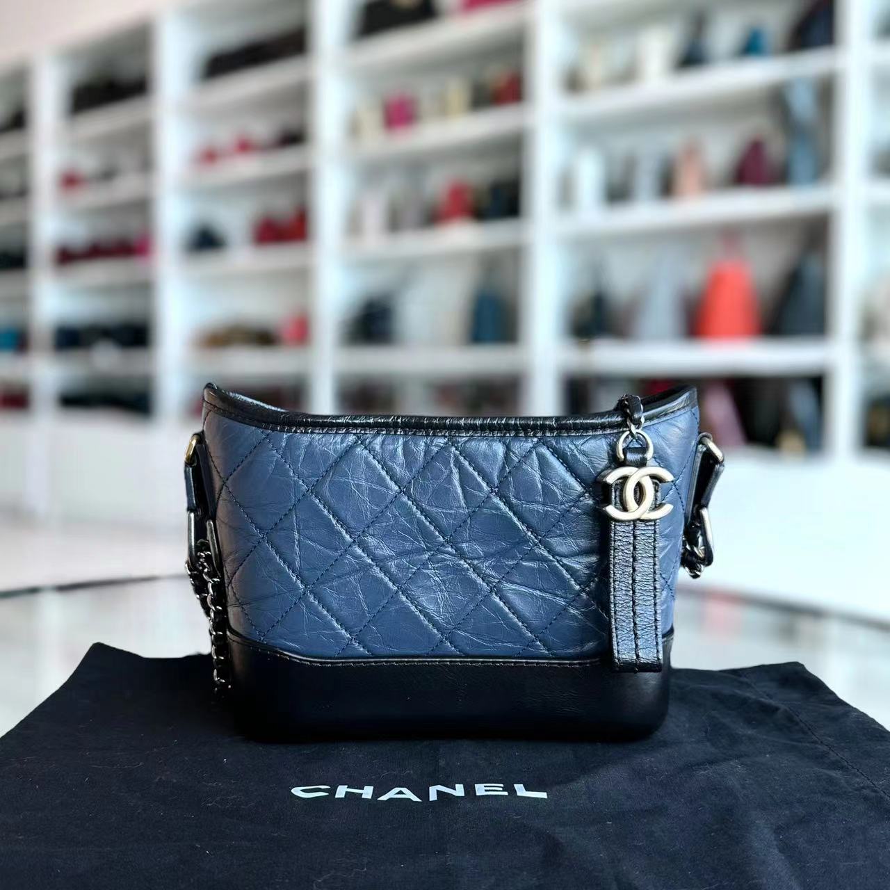 Chanel Small Gabrielle Hobo Quilted Calfskin Dark Blue Black Two-Tone Hardware No 26 - Luxury Evermore