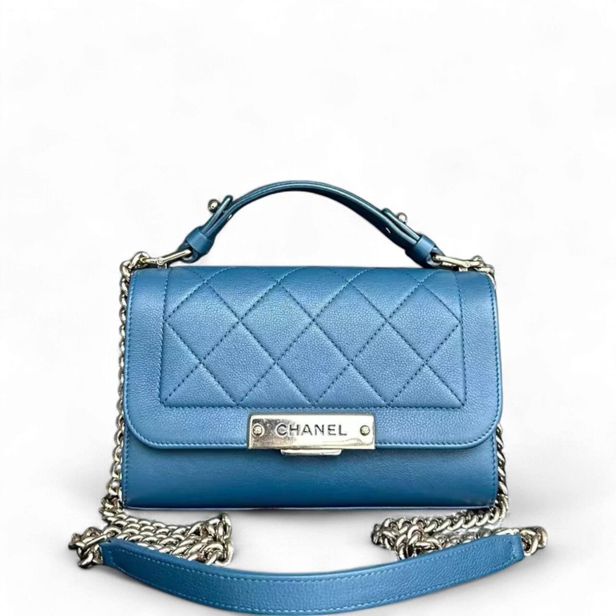 Chanel Label Click Flap Small - Quilted Grained Calfskin Blue Golden Hardware Series 23