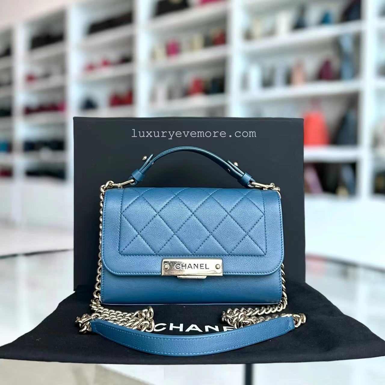 Chanel Small Label Click Flap Quilted Grained Calfskin Blue Golden Hardware Series 23 - Luxury Evermore