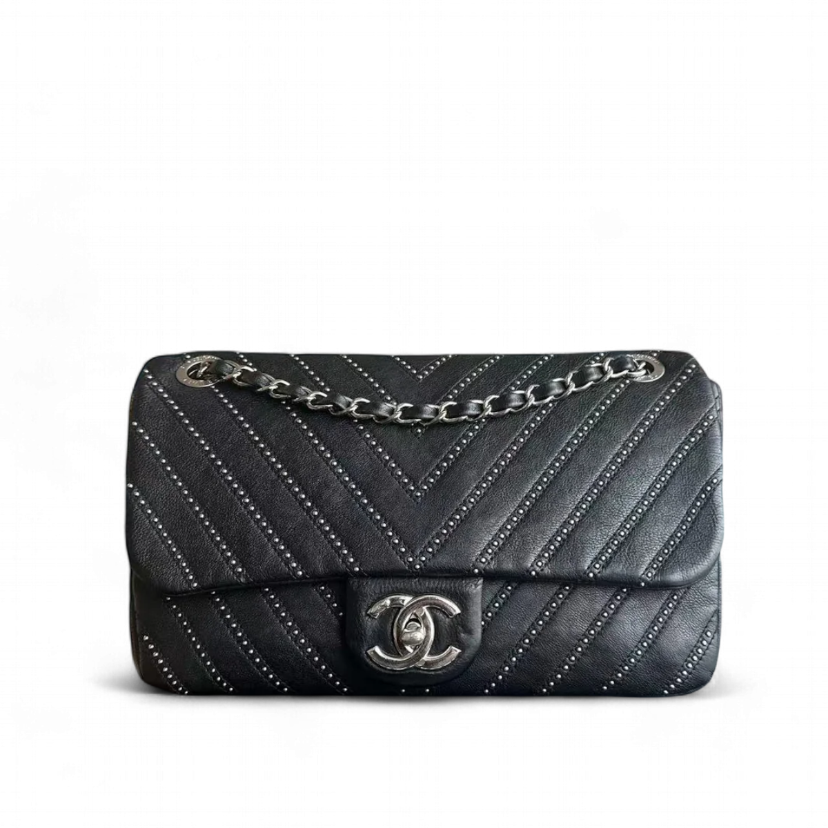 Chanel Seasonal Flap - Studded 28CM Chevron Calfskin Black Silver Hardware Series 24