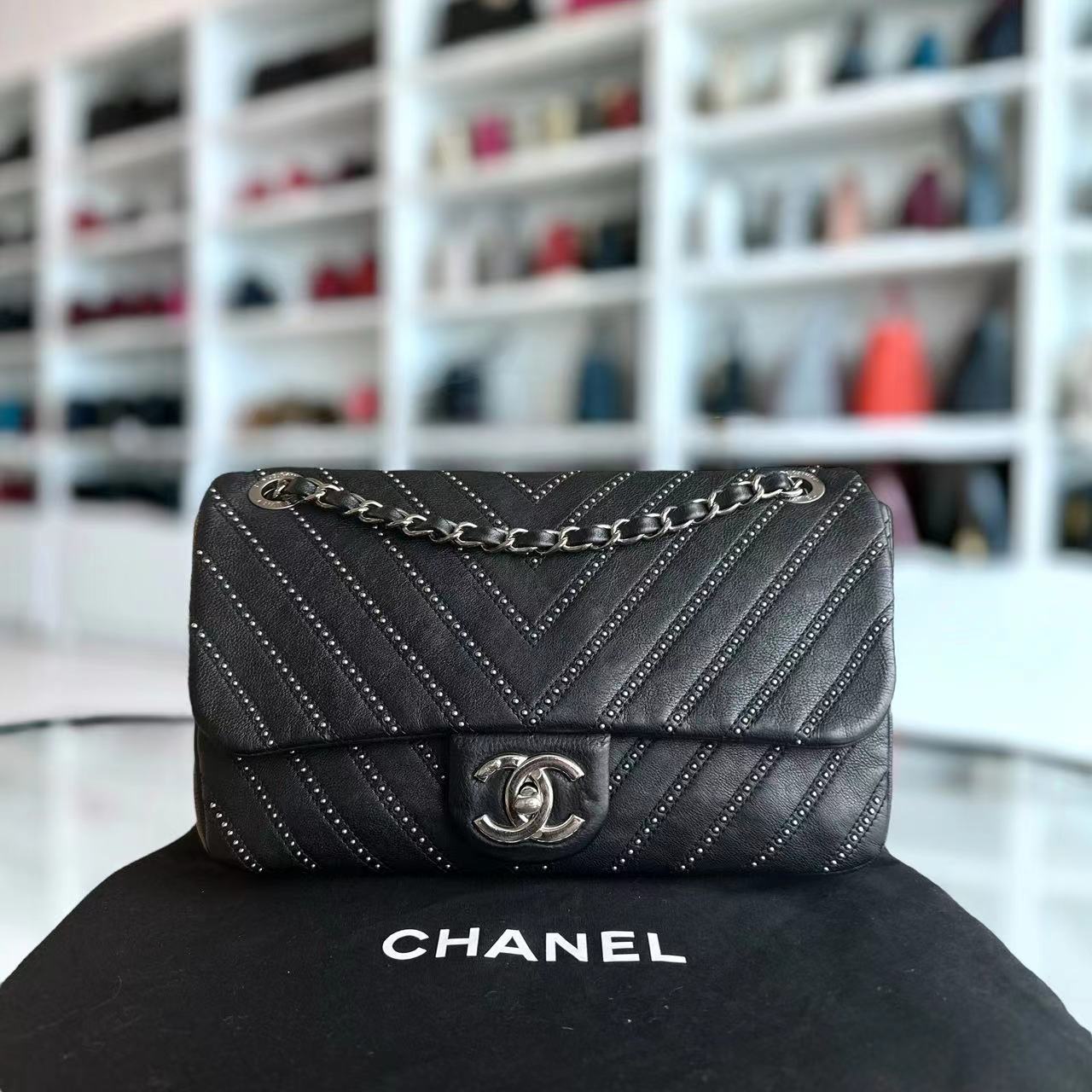 Chanel Studded Flap 28CM Chevron Calfskin Black SHW No 24 - Luxury Evermore