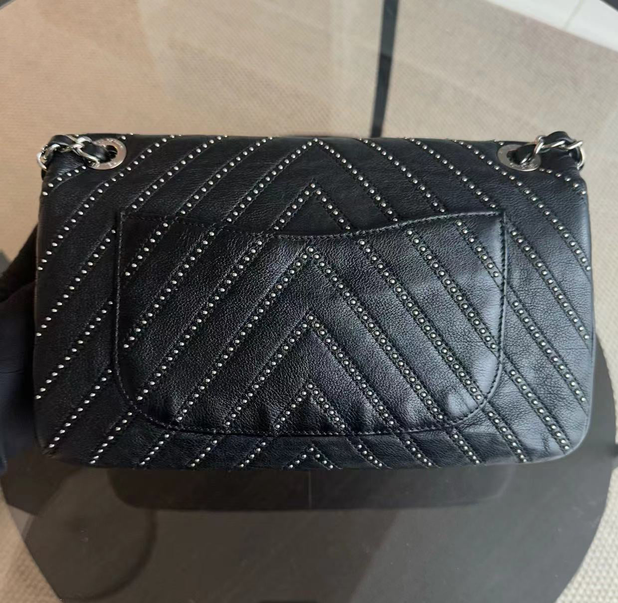 Chanel Studded Flap 28CM Chevron Calfskin Black SHW No 24 - Luxury Evermore