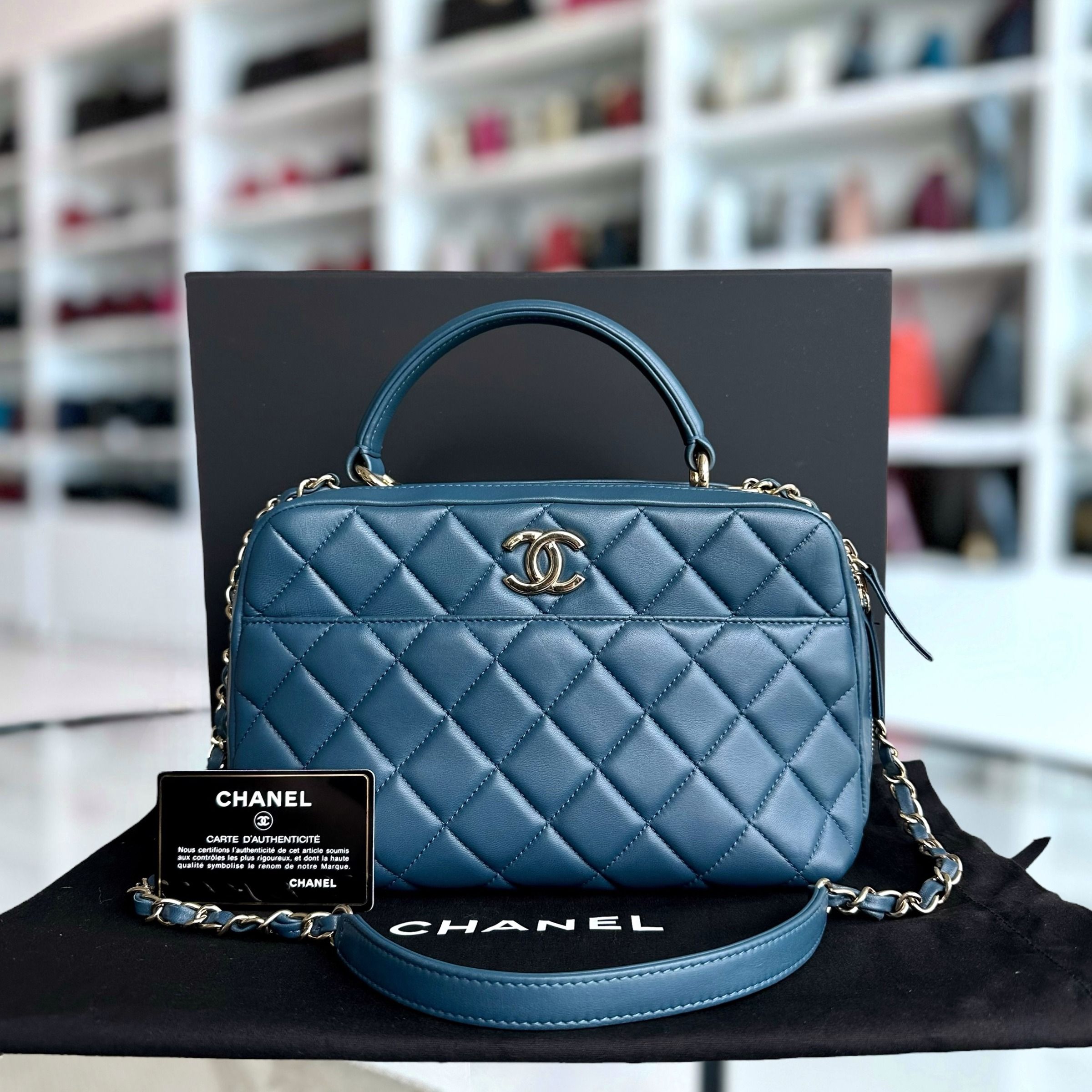 Chanel Trendy CC Quilted Lambskin Bowling Camera Bag Dark Blue SHW No 23 - Luxury Evermore