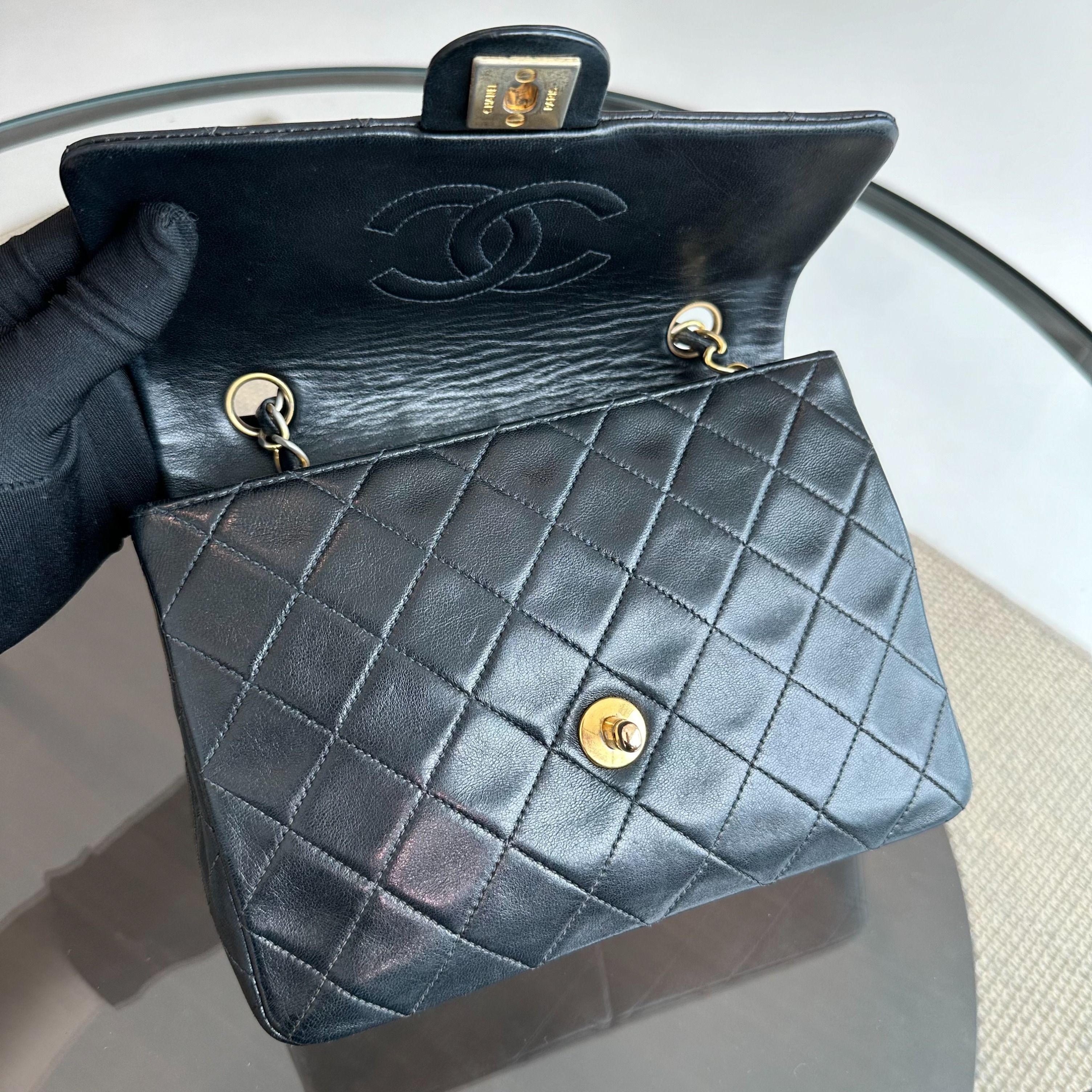 Chanel Vintage Classic Flap 20CM Mini Square Black GHW - Luxury Evermore