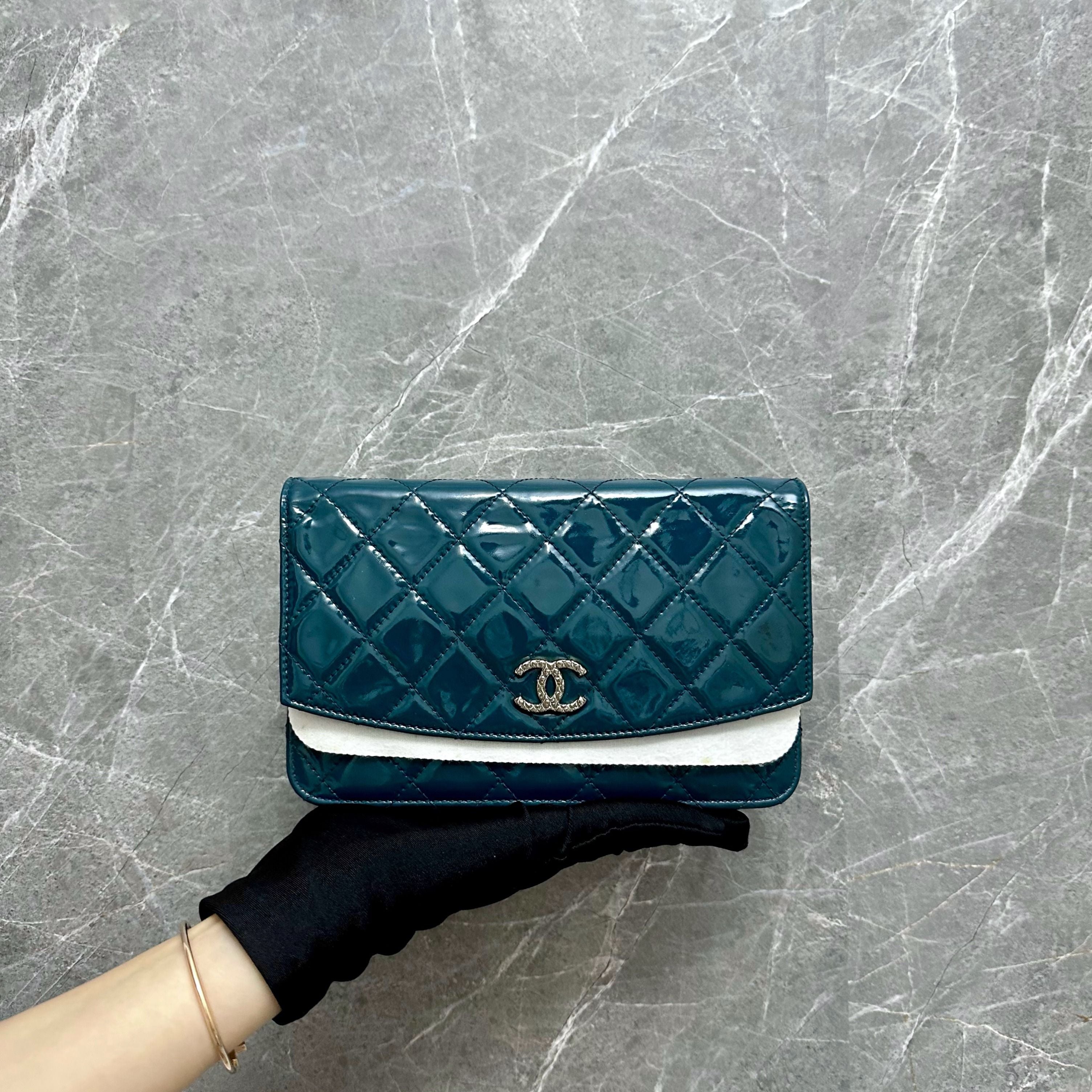 Chanel Wallet On Chain WOC Patent Leather Blue - Luxury Evermore