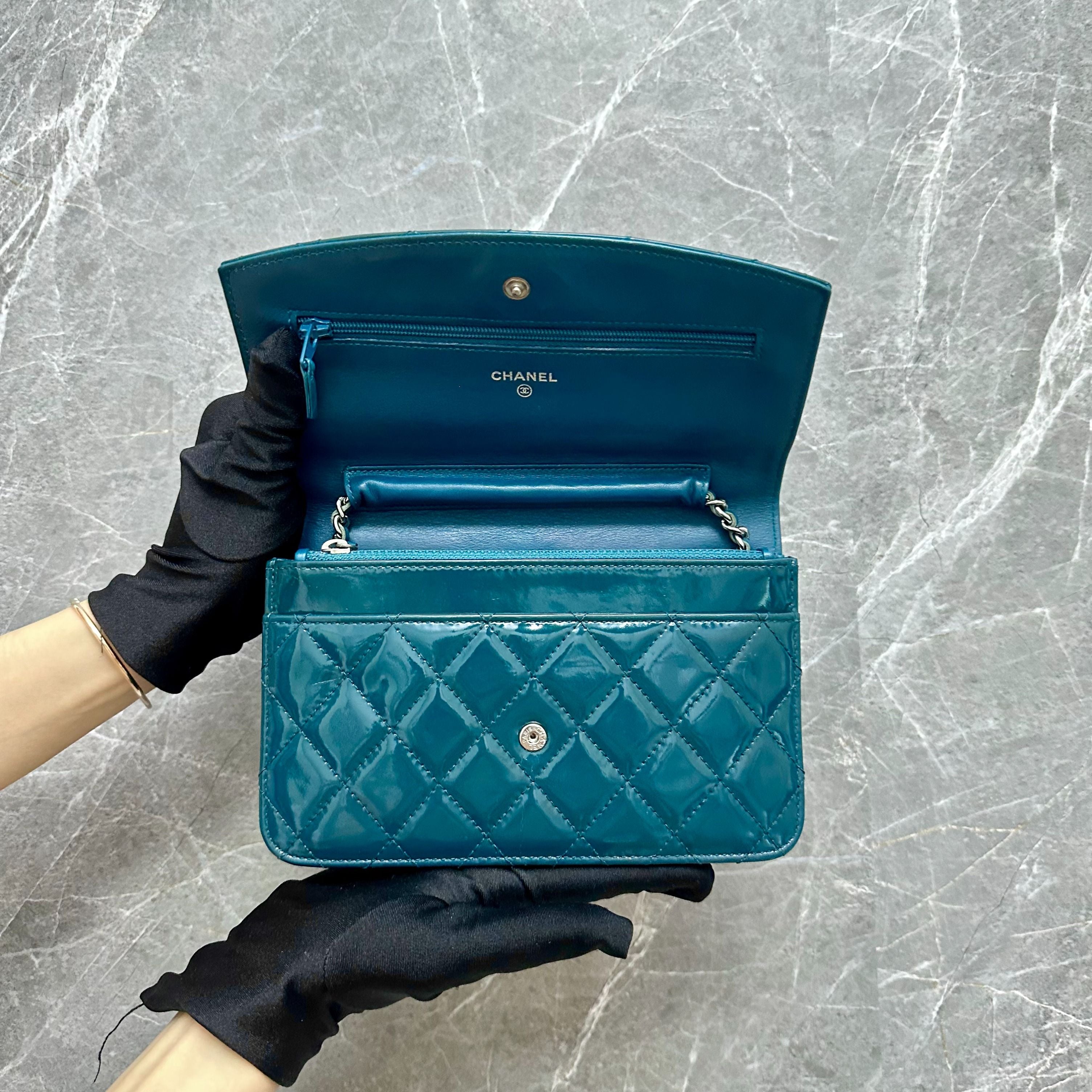 Chanel Wallet On Chain WOC Patent Leather Blue - Luxury Evermore