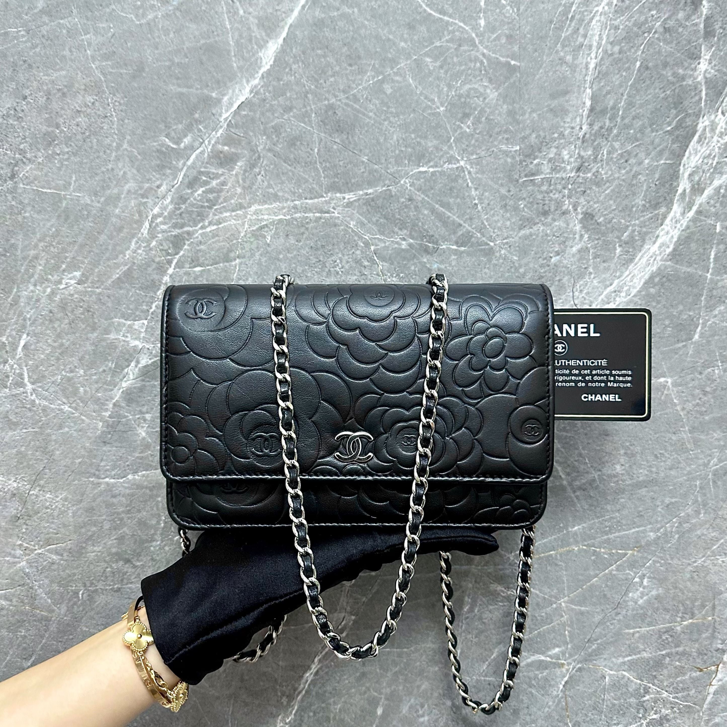 Chanel WOC Camellia Wallet On Chain Lambskin Black SHW No 20 - Luxury Evermore