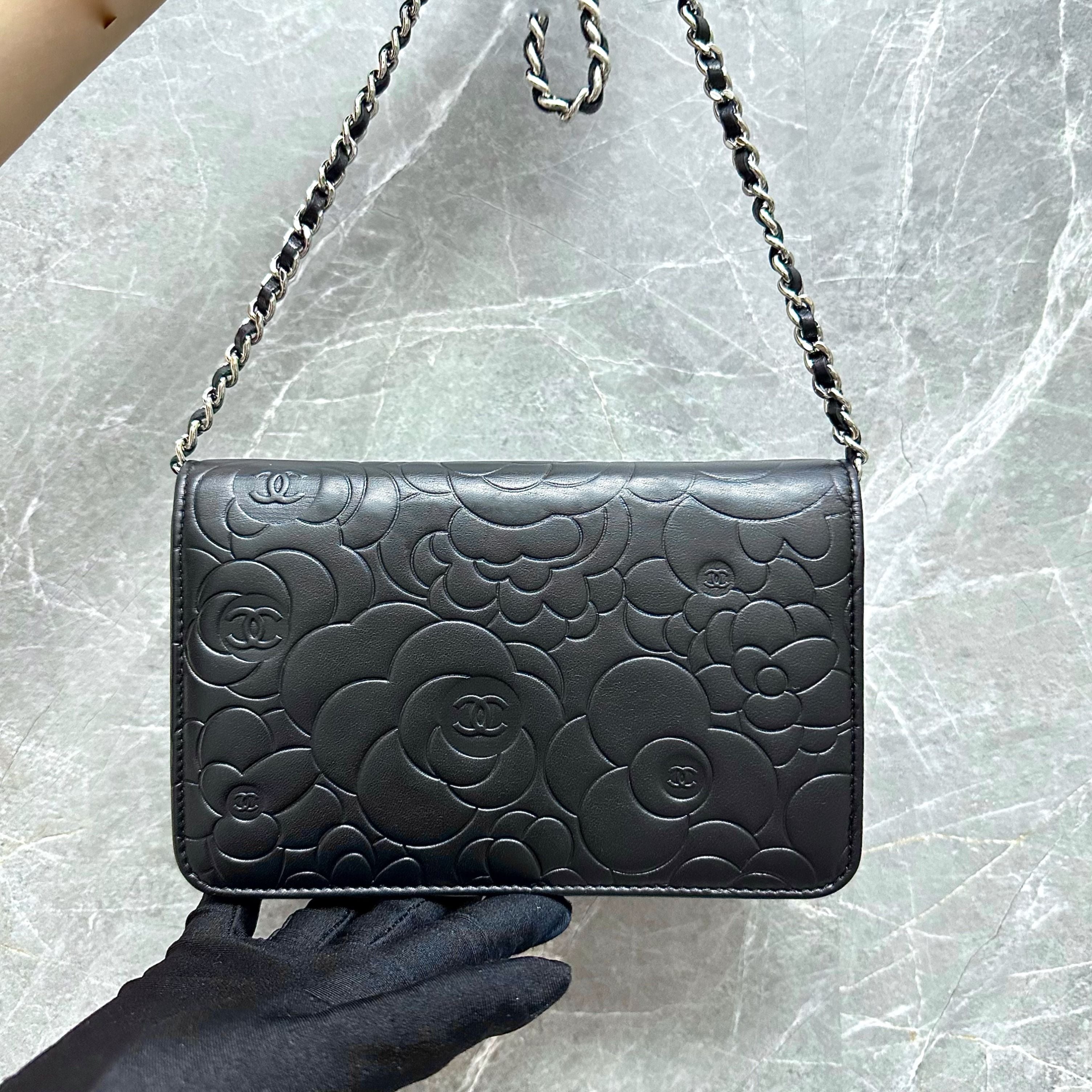 Chanel WOC Camellia Wallet On Chain Lambskin Black SHW No 20 - Luxury Evermore