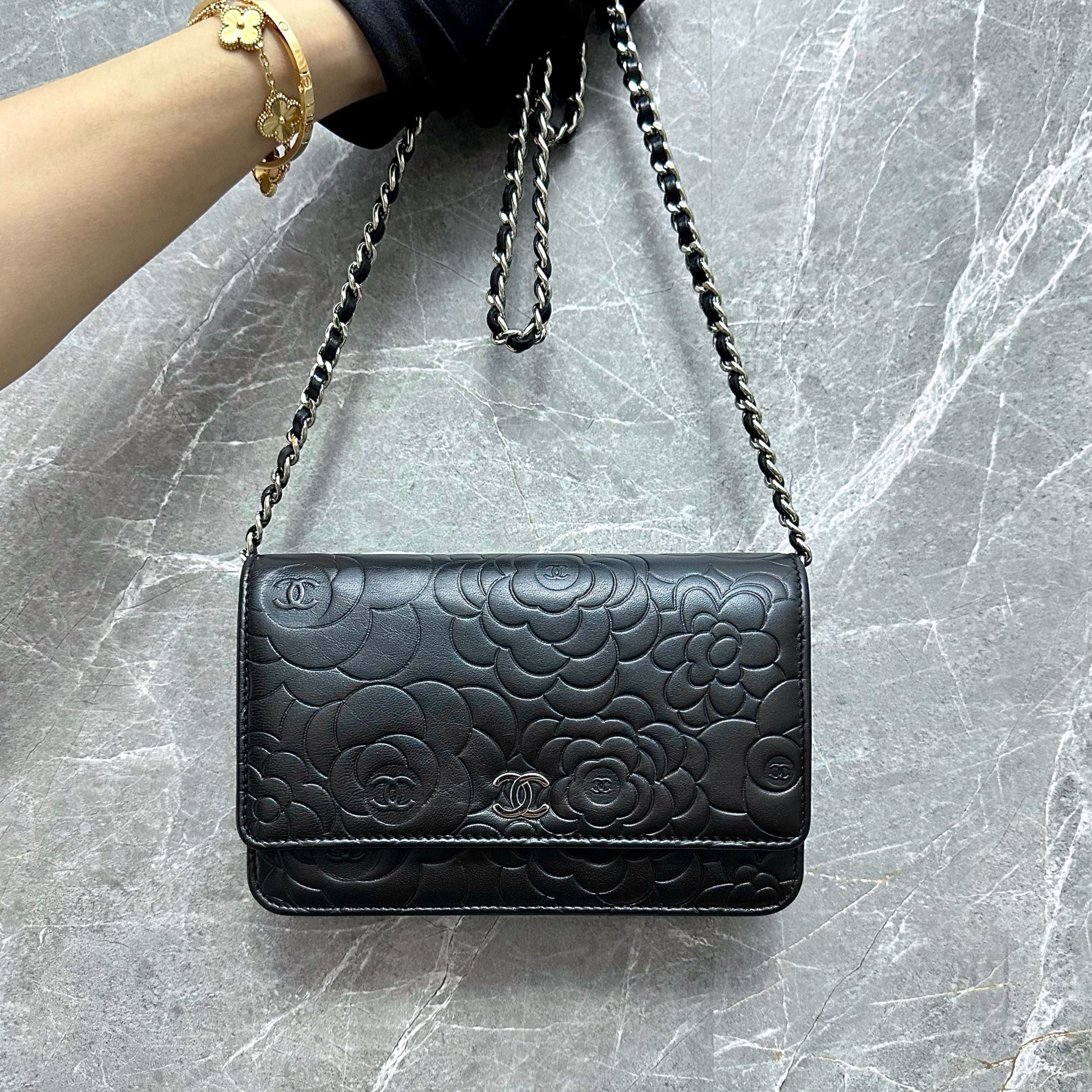 Chanel WOC Camellia Wallet On Chain Lambskin Black SHW No 20 - Luxury Evermore