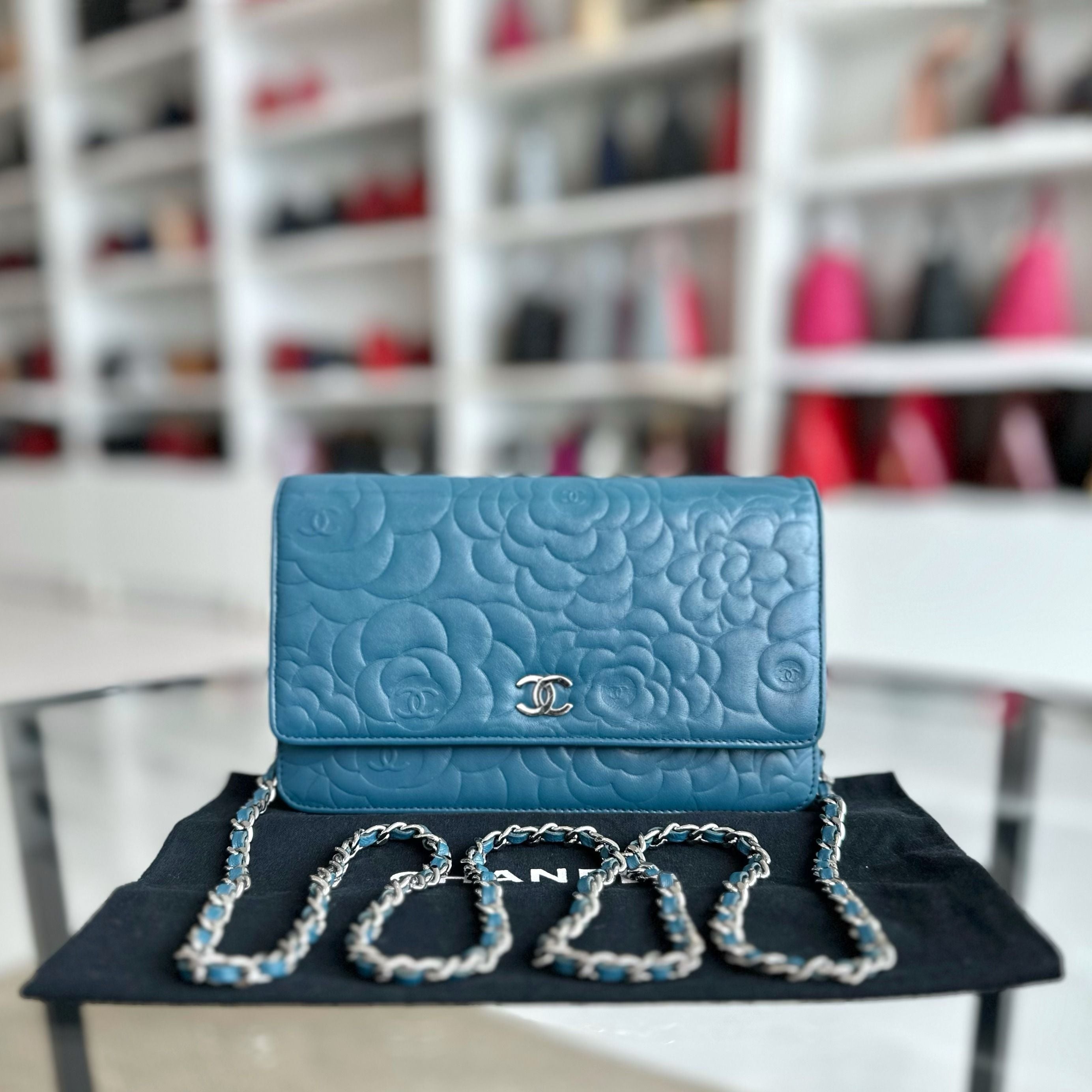 Chanel WOC Camellia Wallet On Chain Lambskin Blue SHW No 17 - Luxury Evermore