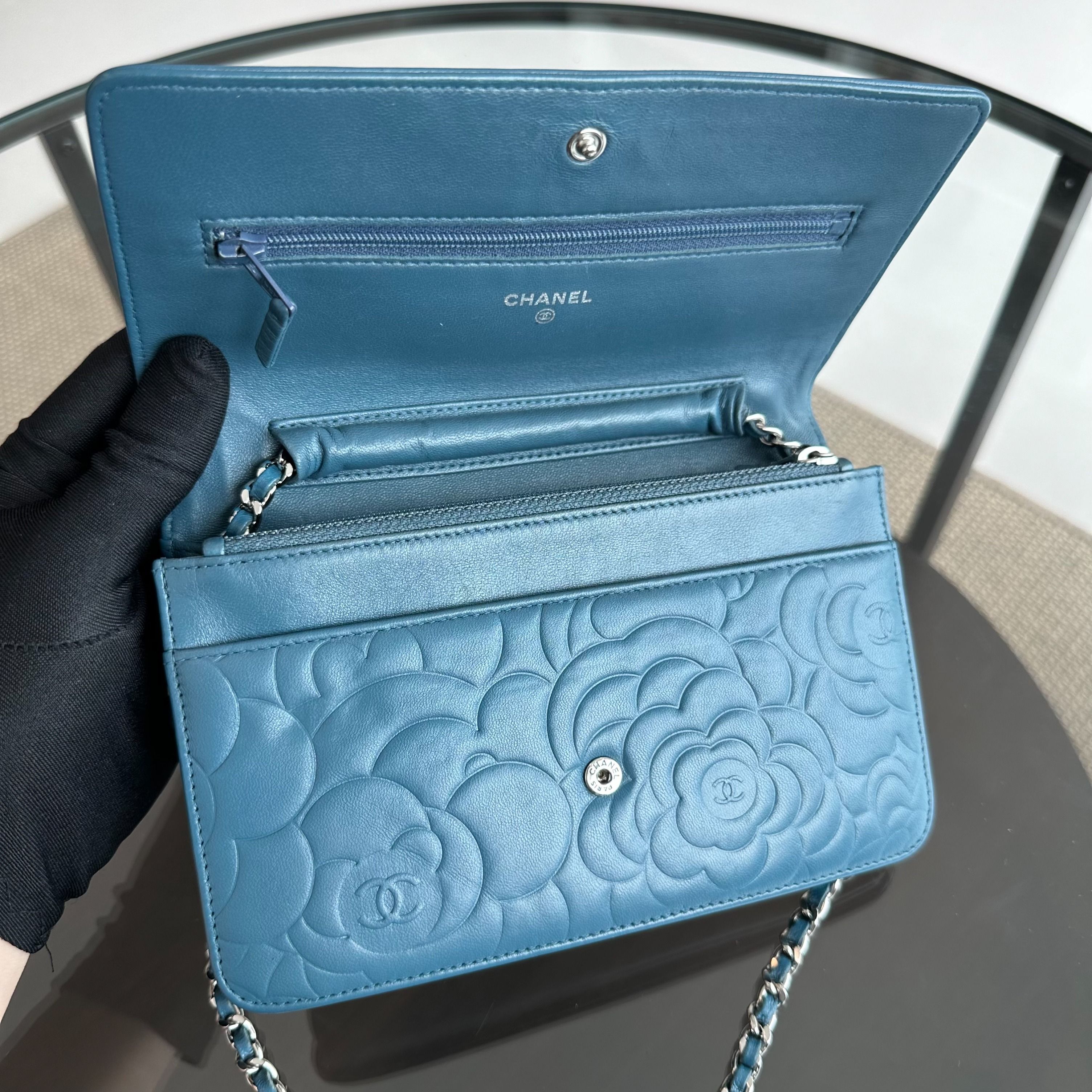 Chanel WOC Camellia Wallet On Chain Lambskin Blue SHW No 17 - Luxury Evermore