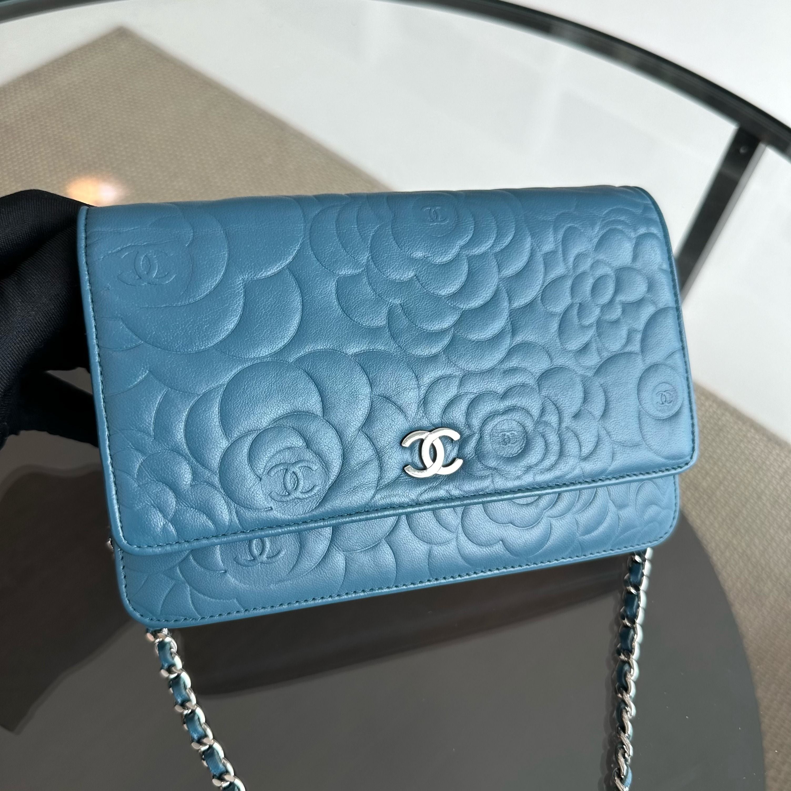 Chanel WOC Camellia Wallet On Chain Lambskin Blue SHW No 17 - Luxury Evermore