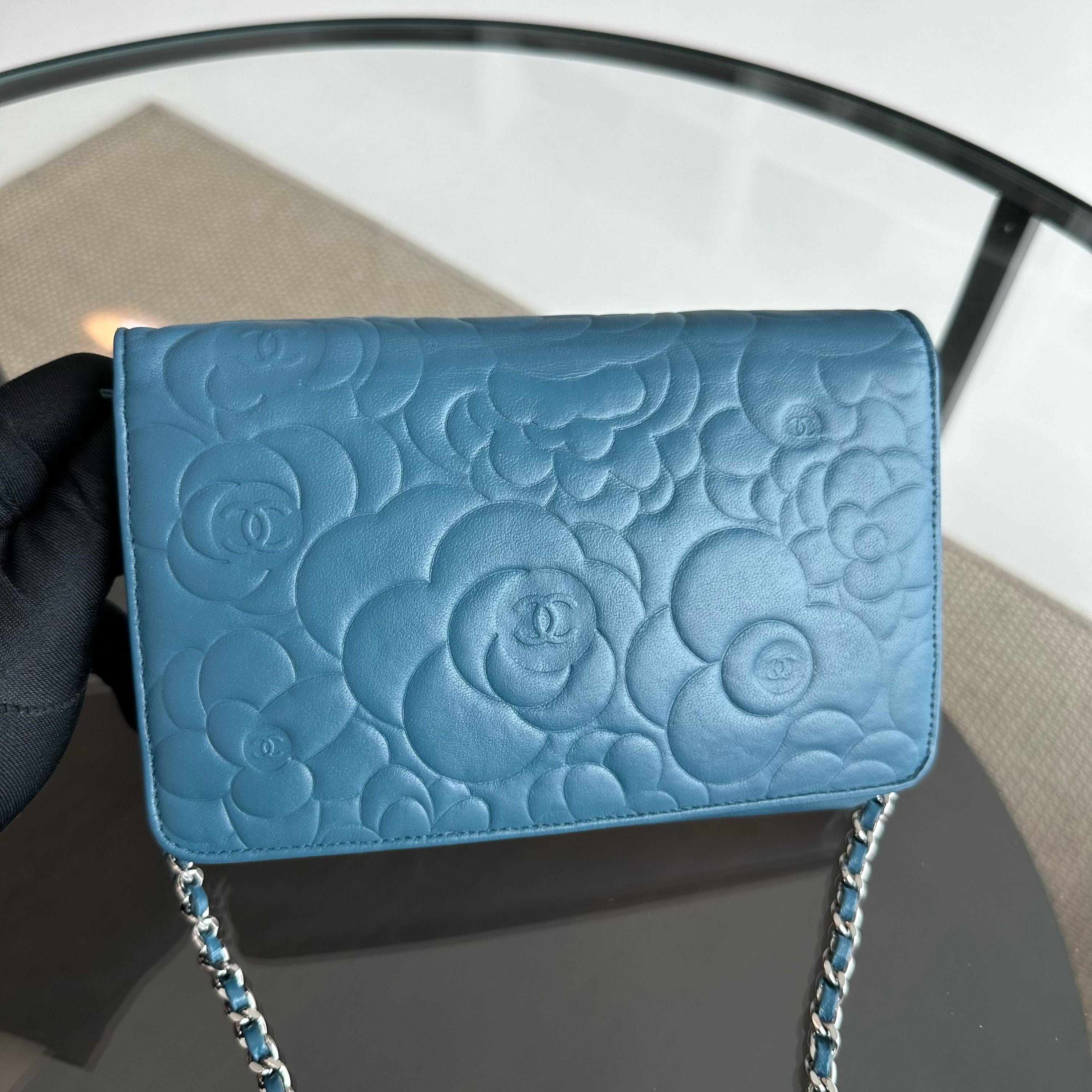 Chanel WOC Camellia Wallet On Chain Lambskin Blue SHW No 17 - Luxury Evermore