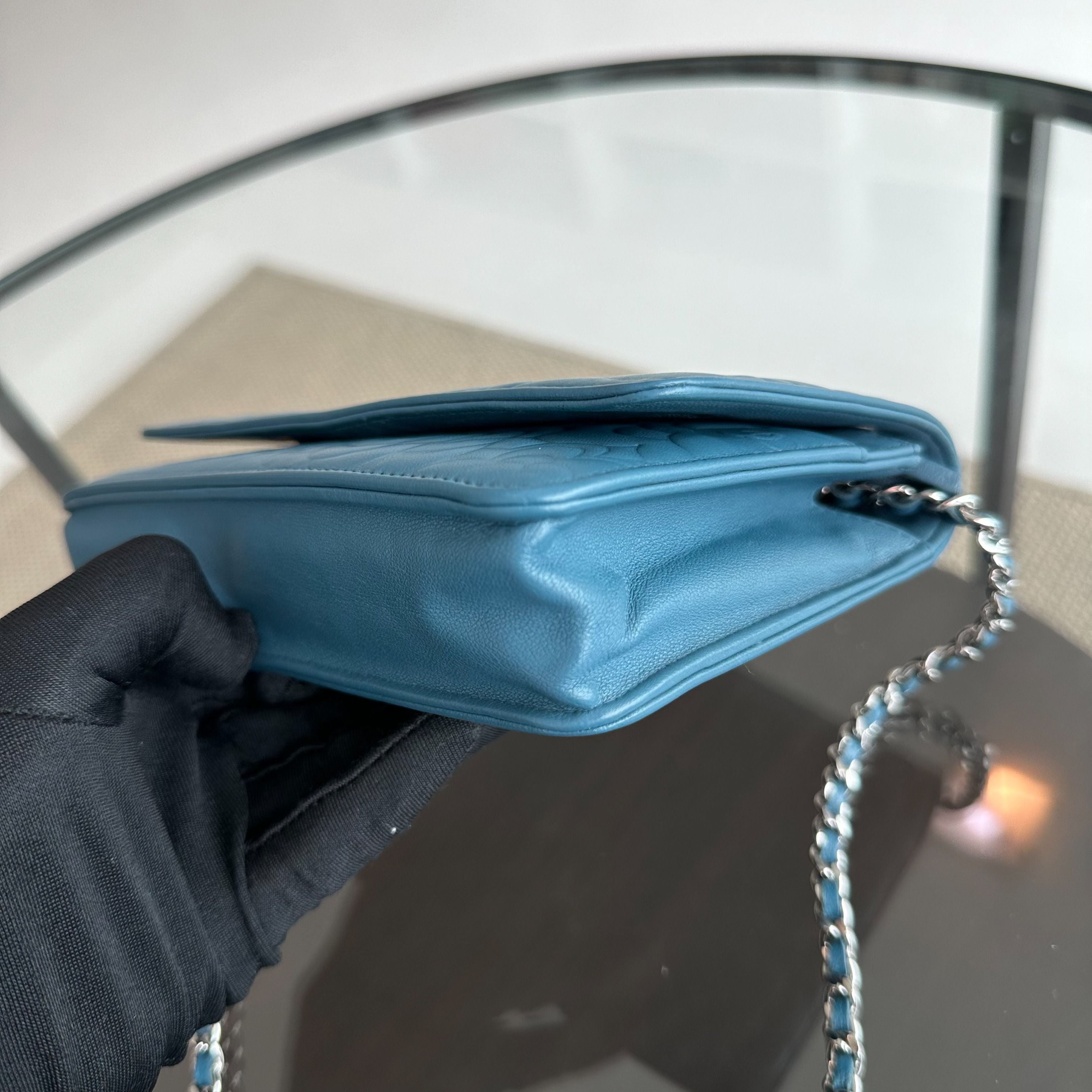 Chanel WOC Camellia Wallet On Chain Lambskin Blue SHW No 17 - Luxury Evermore