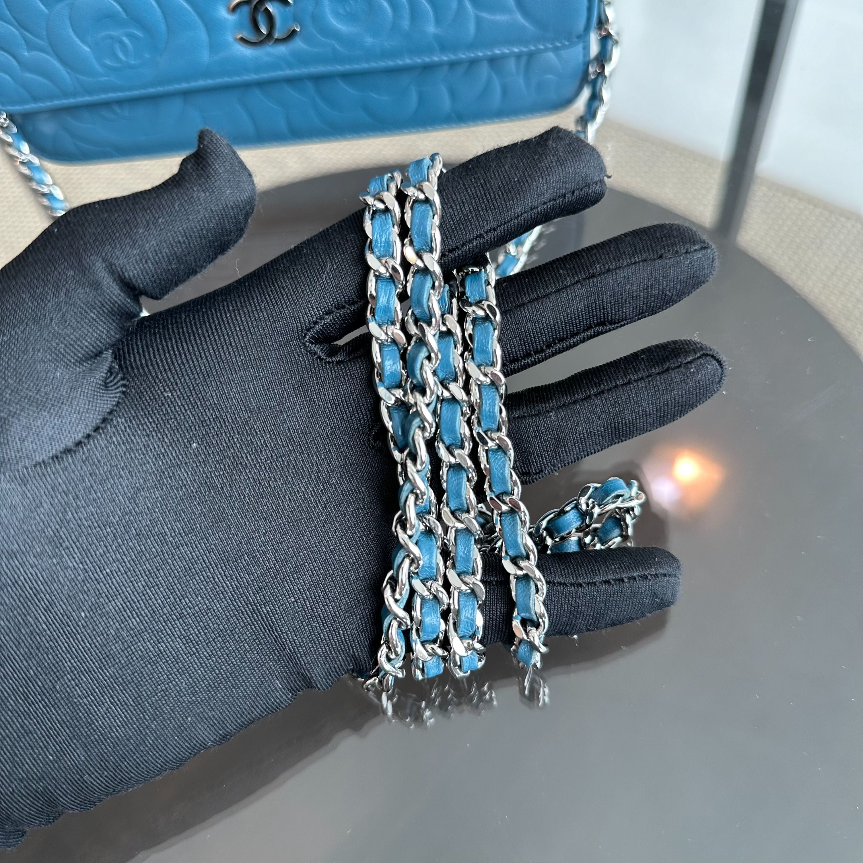 Chanel WOC Camellia Wallet On Chain Lambskin Blue SHW No 17 - Luxury Evermore