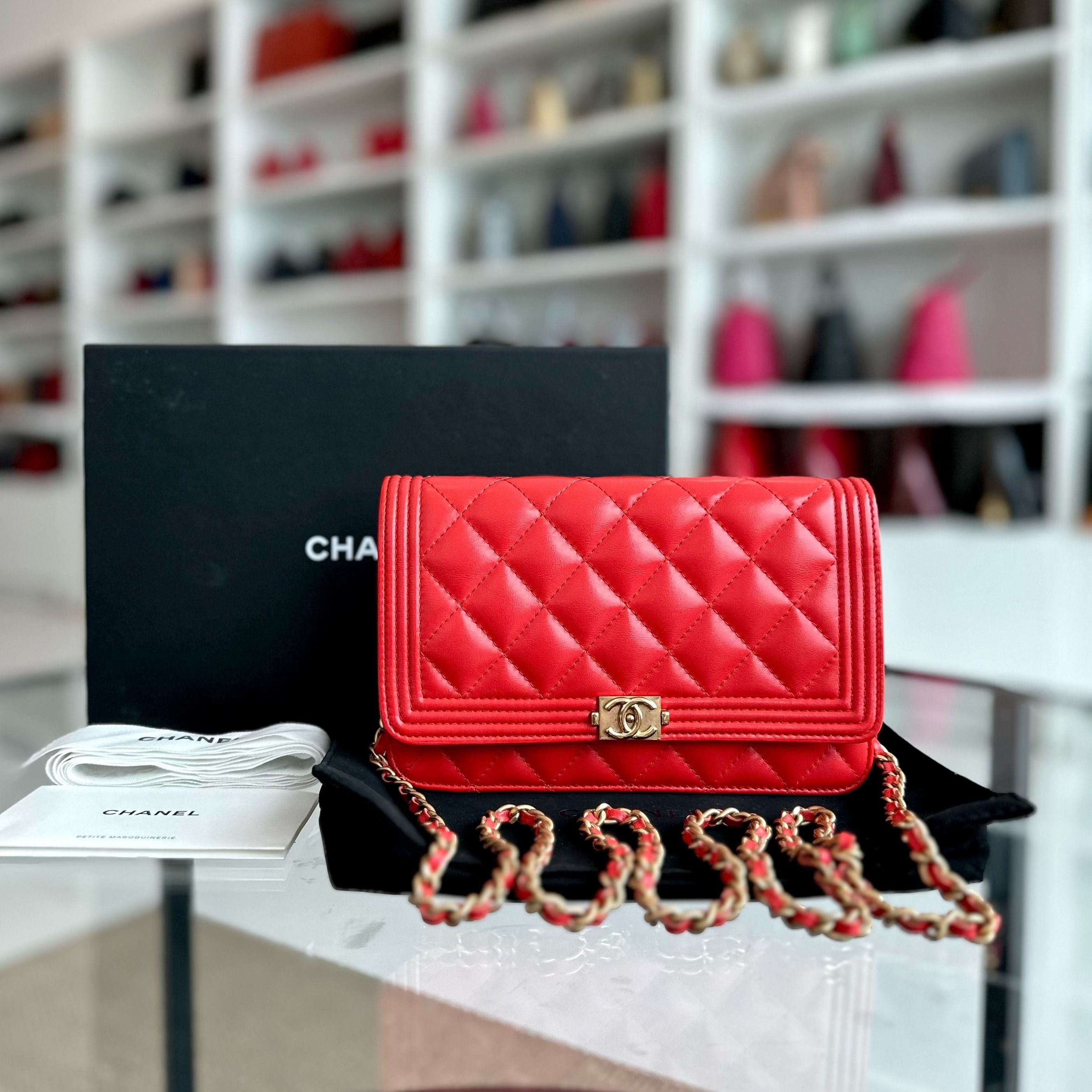 Chanel WOC Wallet On Chain Boy Lambskin Salmon Red GHW No 23 - Luxury Evermore