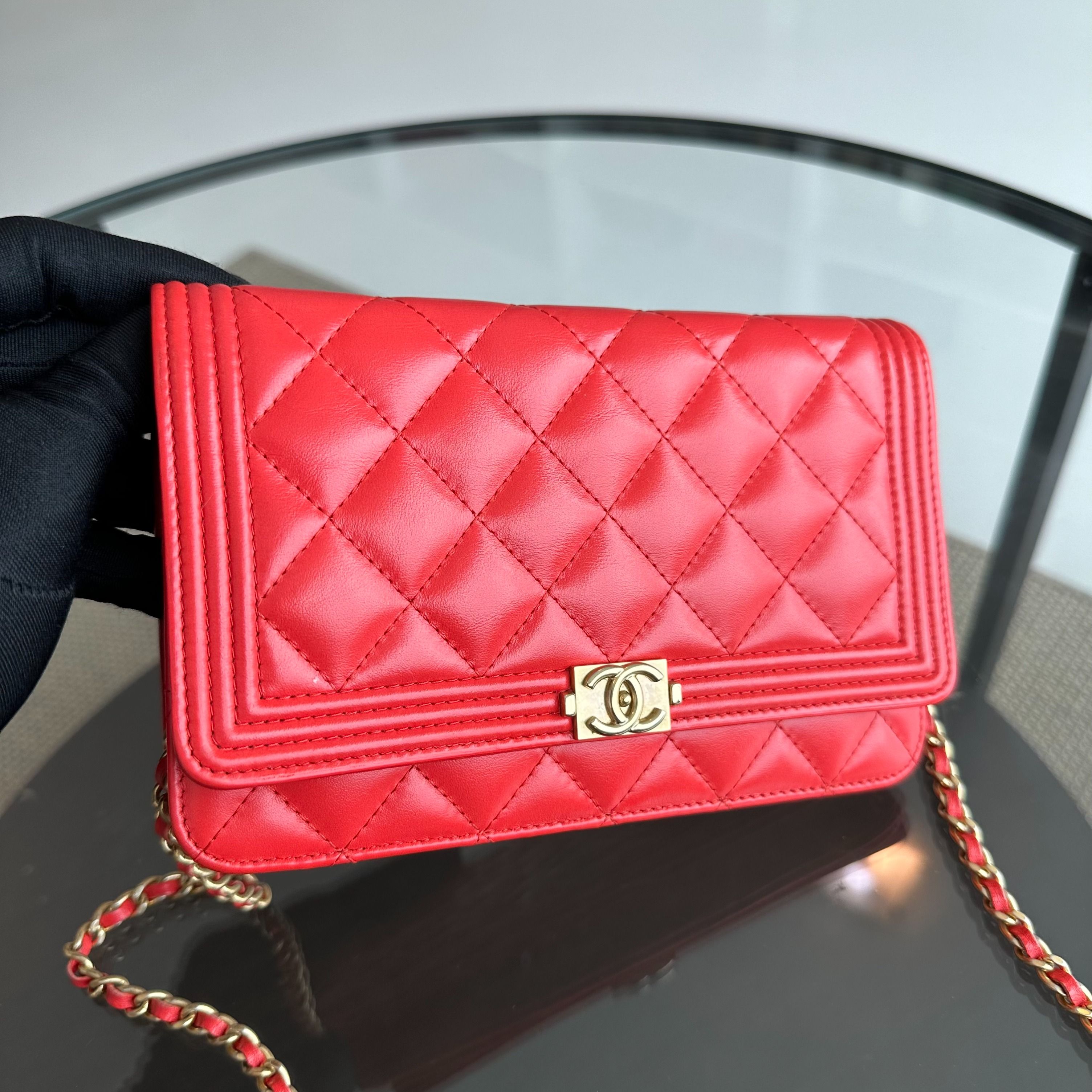 Chanel WOC Wallet On Chain Boy Lambskin Salmon Red GHW No 23 - Luxury Evermore