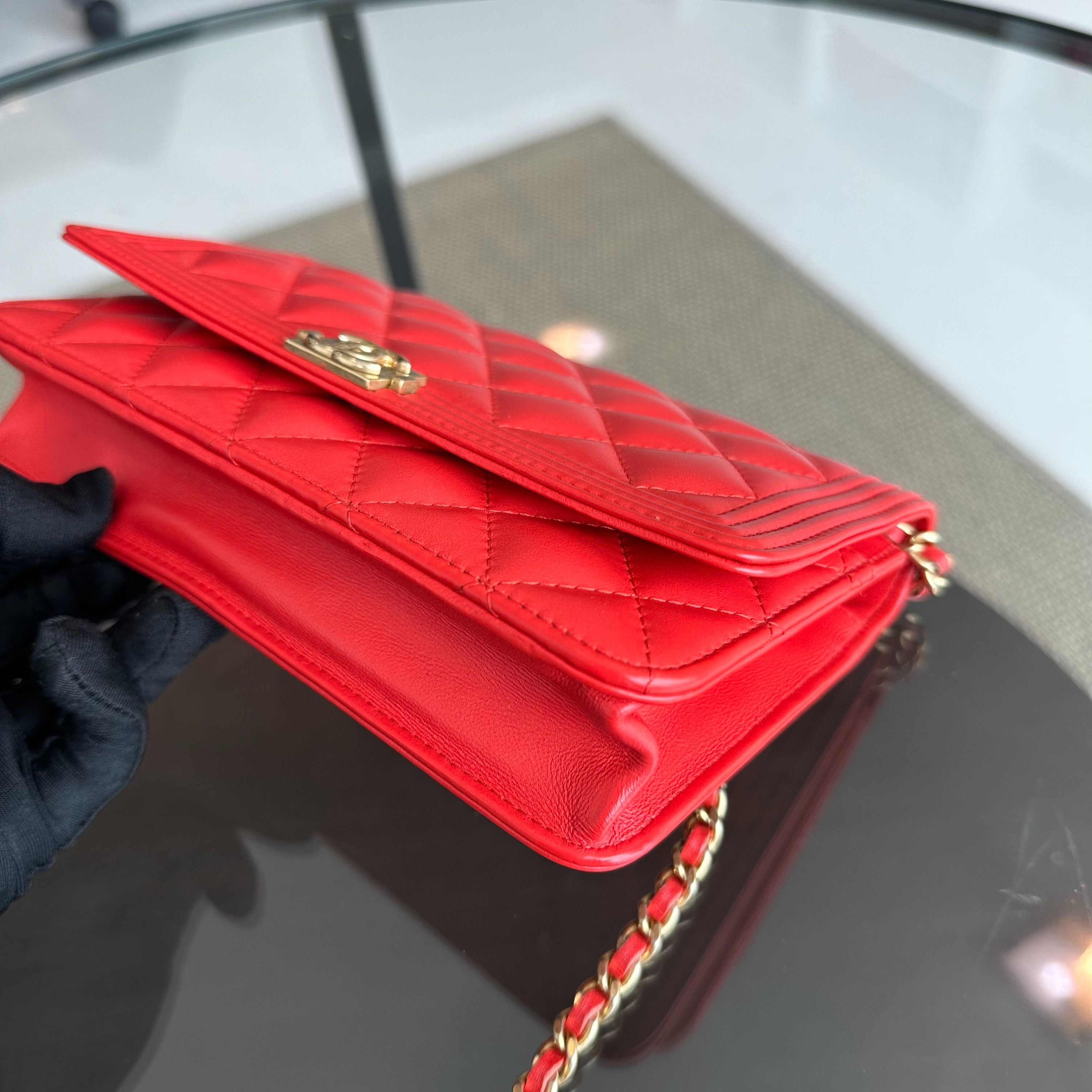 Chanel WOC Wallet On Chain Boy Lambskin Salmon Red GHW No 23 - Luxury Evermore