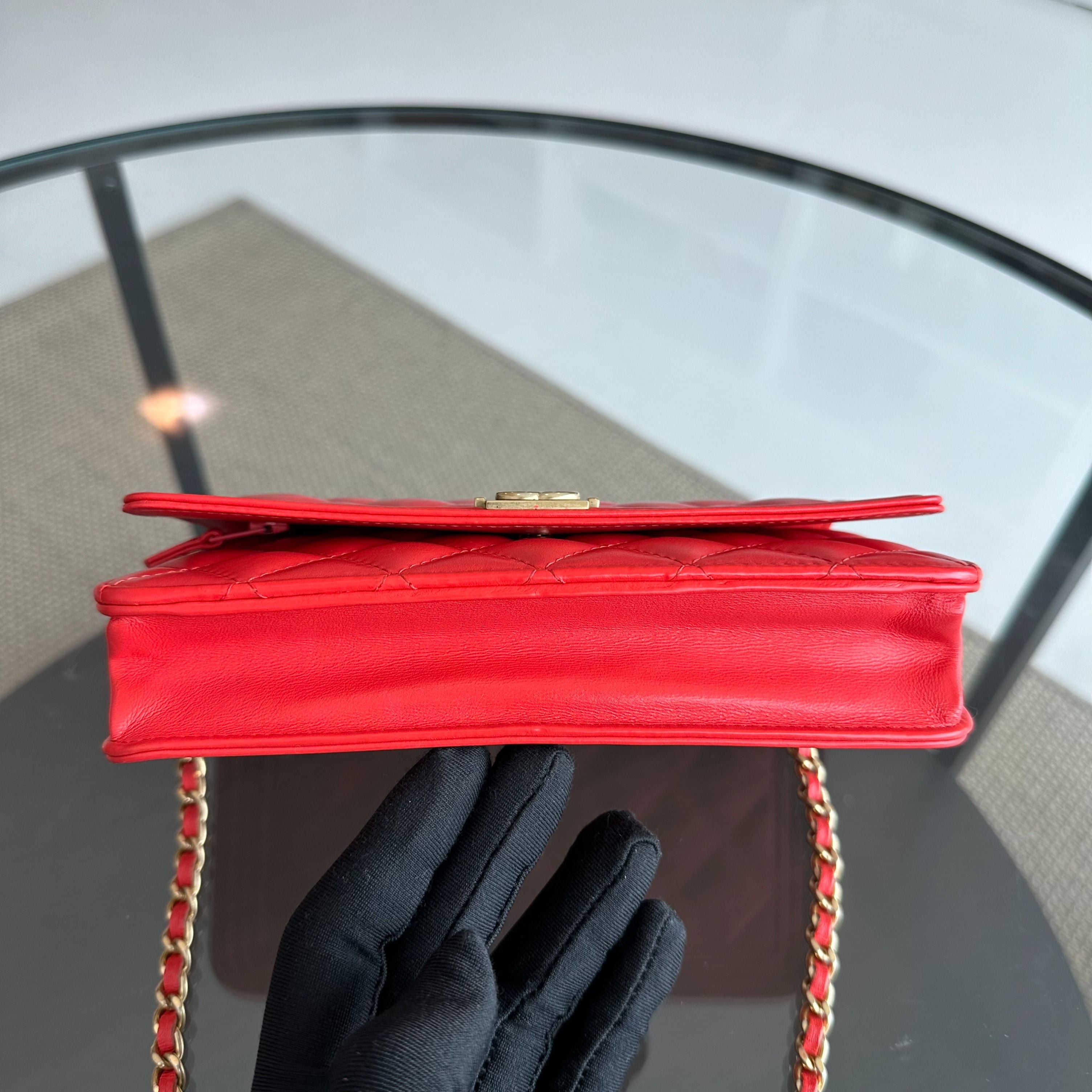 Chanel WOC Wallet On Chain Boy Lambskin Salmon Red GHW No 23 - Luxury Evermore