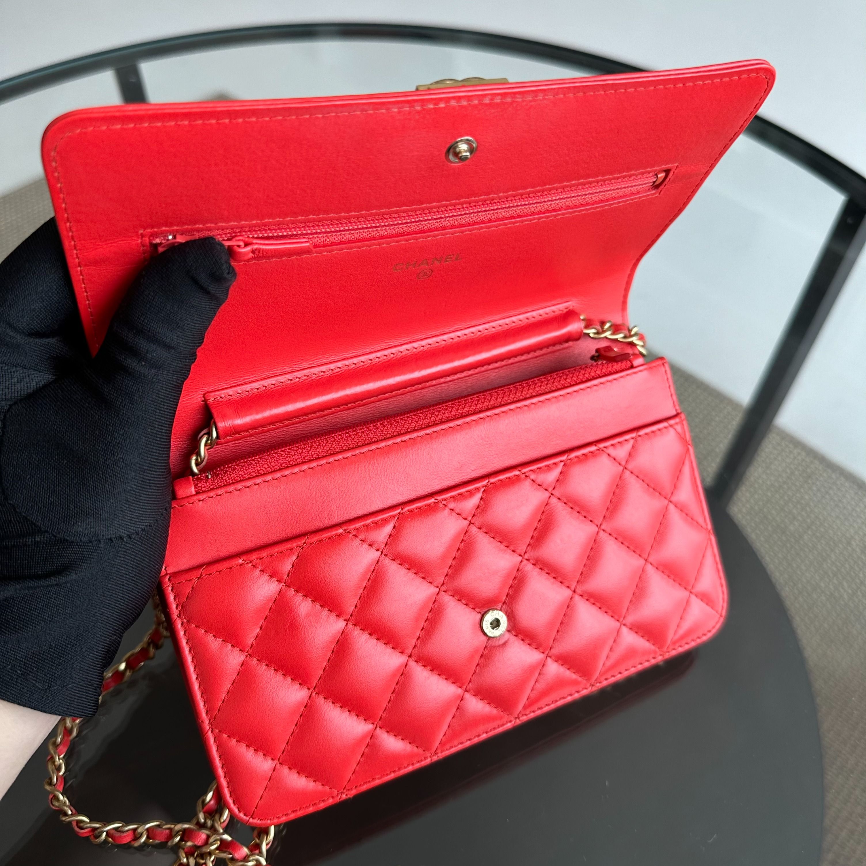 Chanel WOC Wallet On Chain Boy Lambskin Salmon Red GHW No 23 - Luxury Evermore