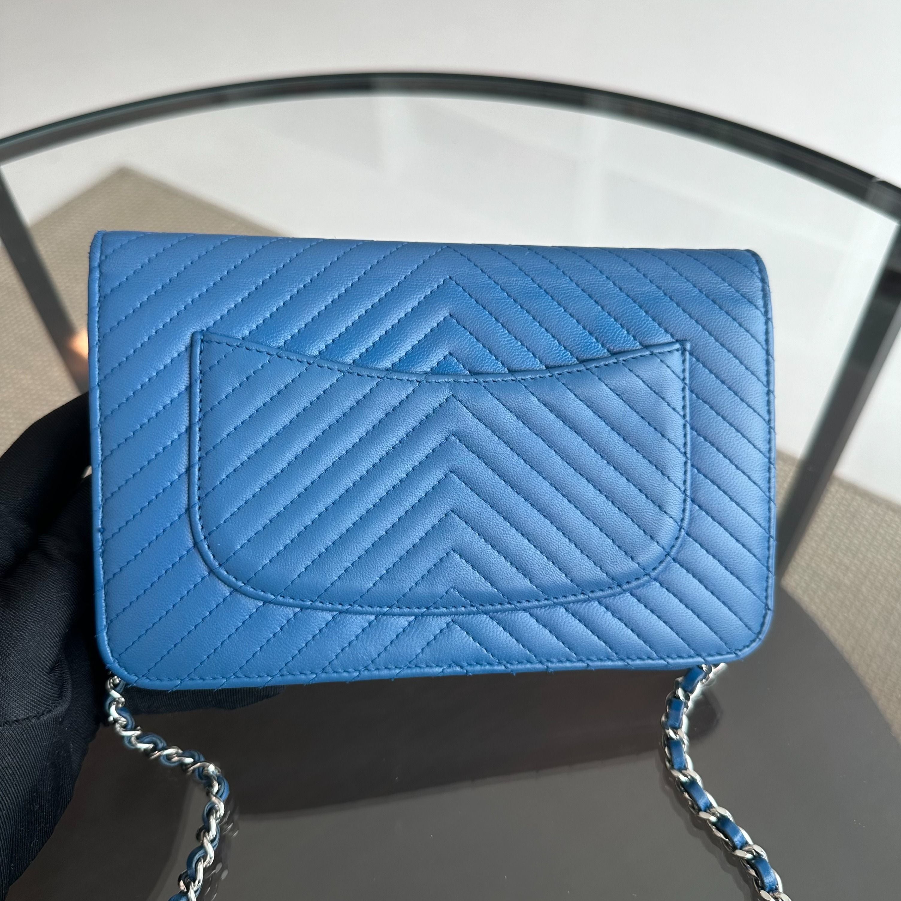 Chanel WOC Wallet On Chain Lambskin Chevron Blue SHW NO 22 - Luxury Evermore