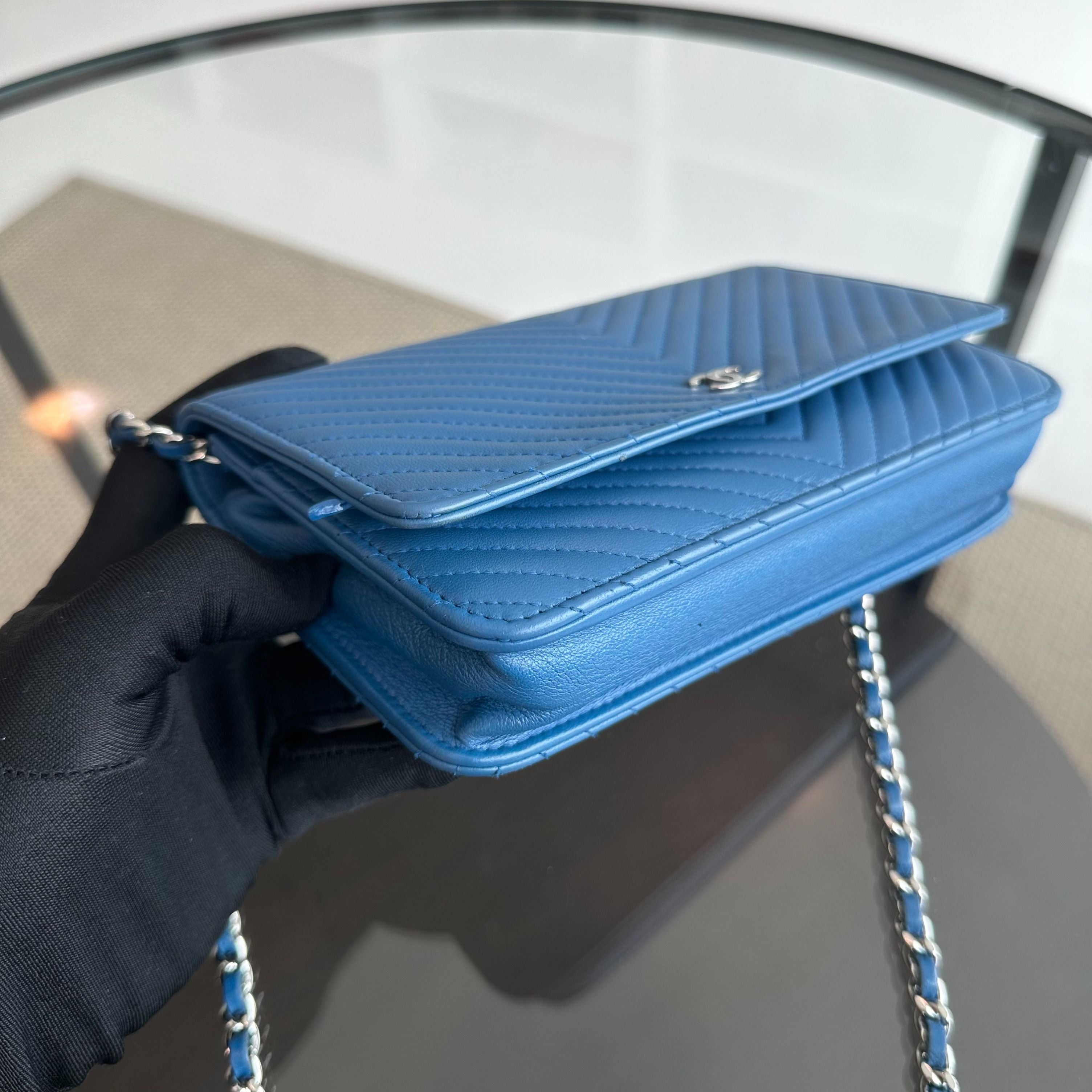 Chanel WOC Wallet On Chain Lambskin Chevron Blue SHW NO 22 - Luxury Evermore