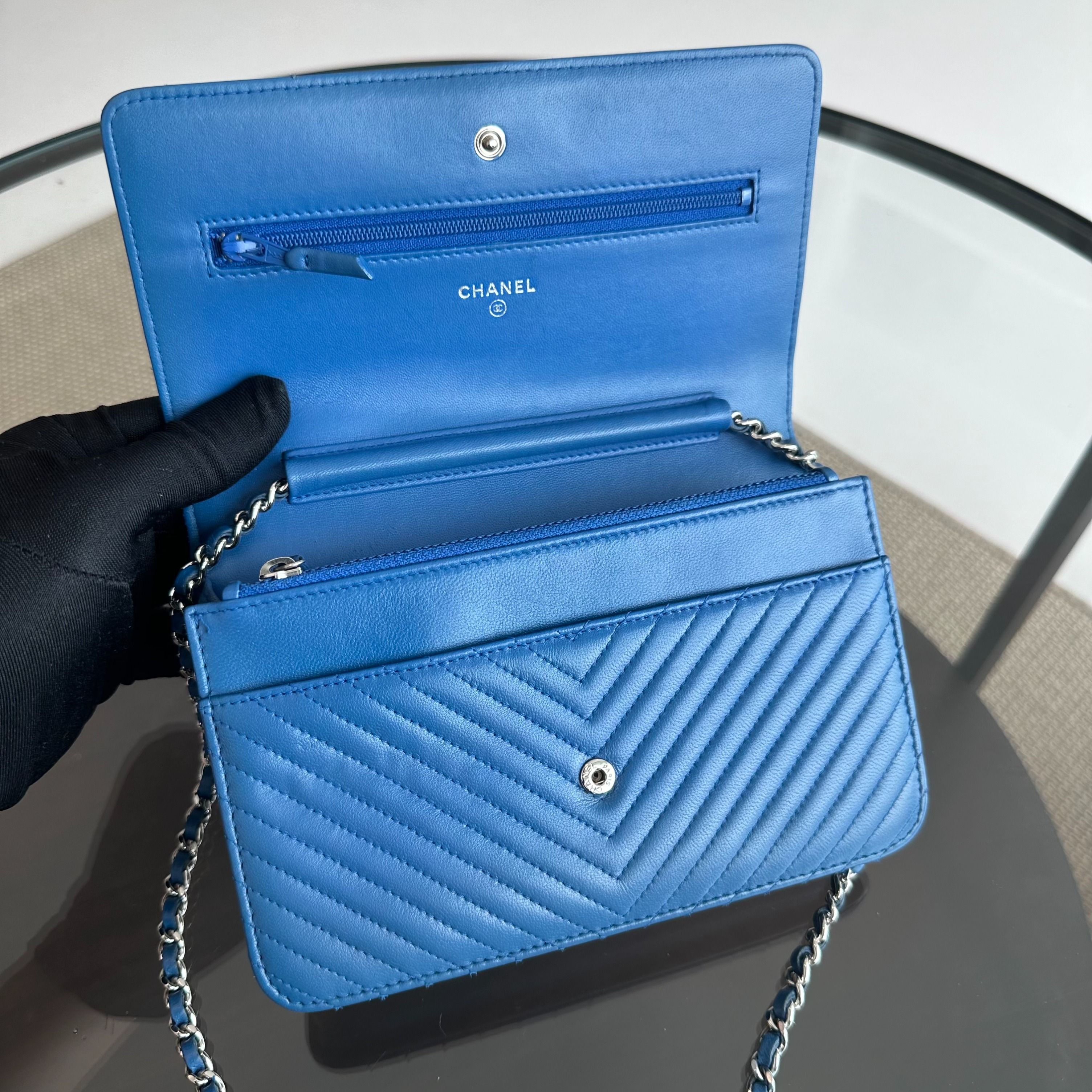 Chanel WOC Wallet On Chain Lambskin Chevron Blue SHW NO 22 - Luxury Evermore