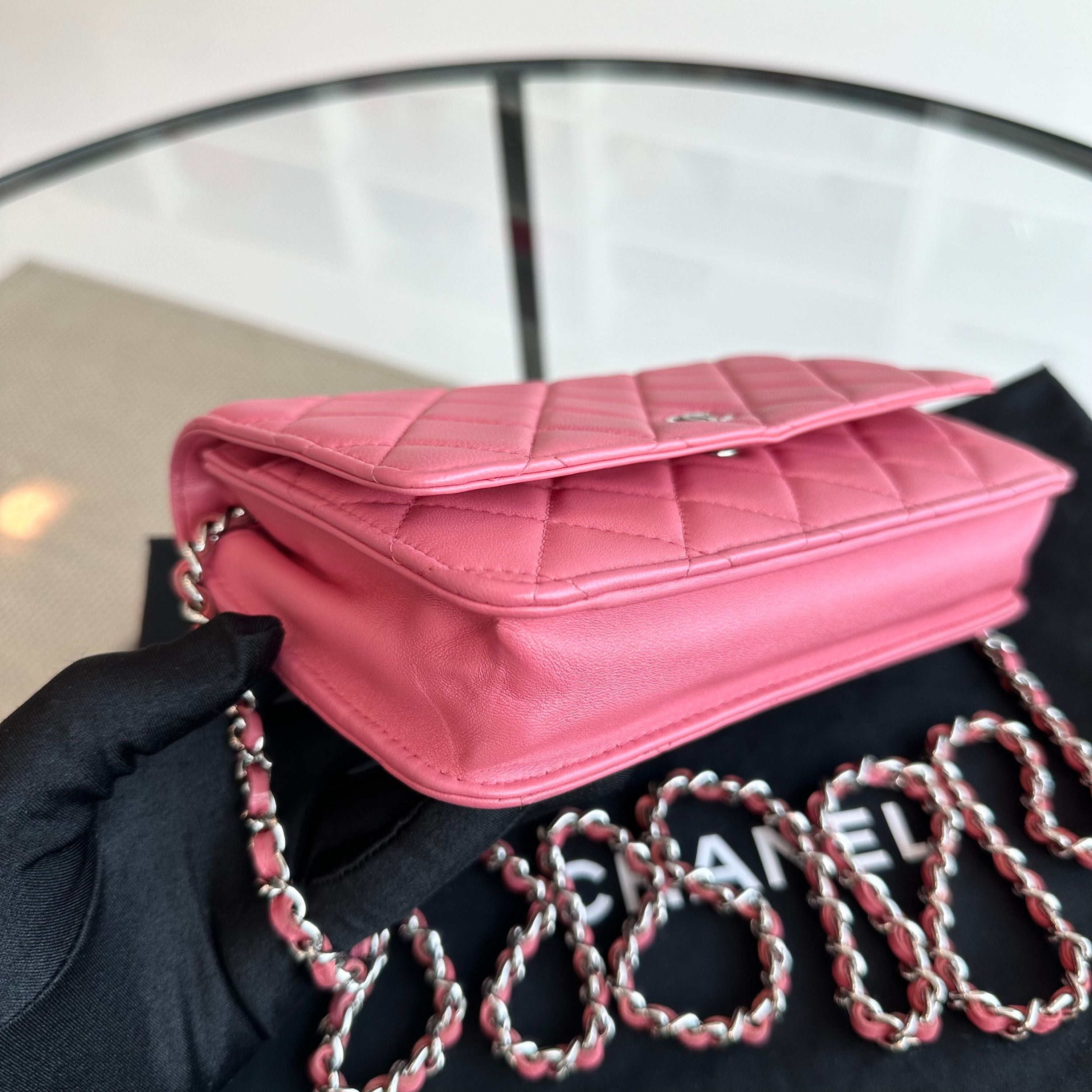 Chanel WOC Wallet On Chain Lambskin Quilted Flap Pink SHW No 16 - Luxury Evermore