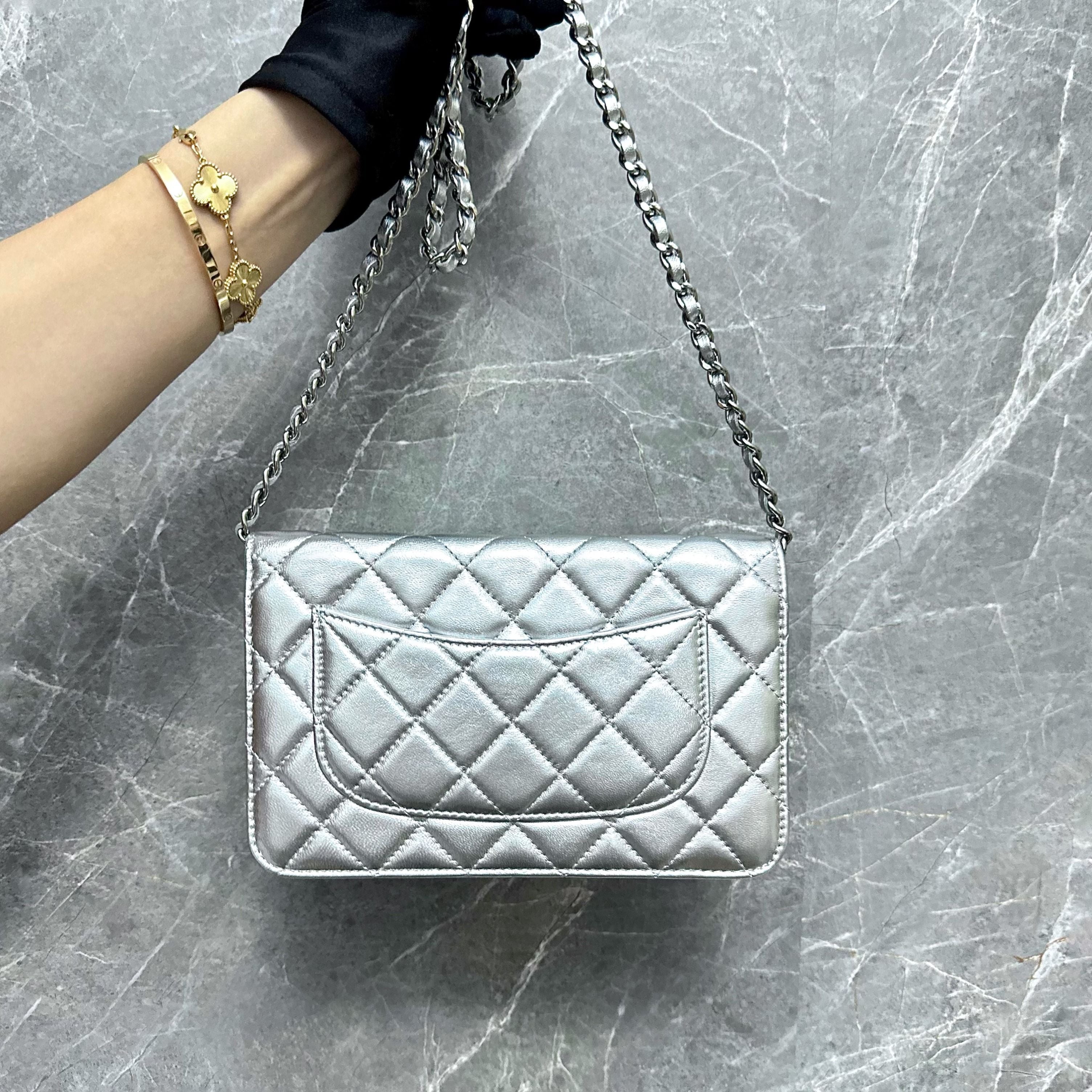 Chanel WOC Wallet On Chain Metallic Silver Lambskin No 16 - Luxury Evermore