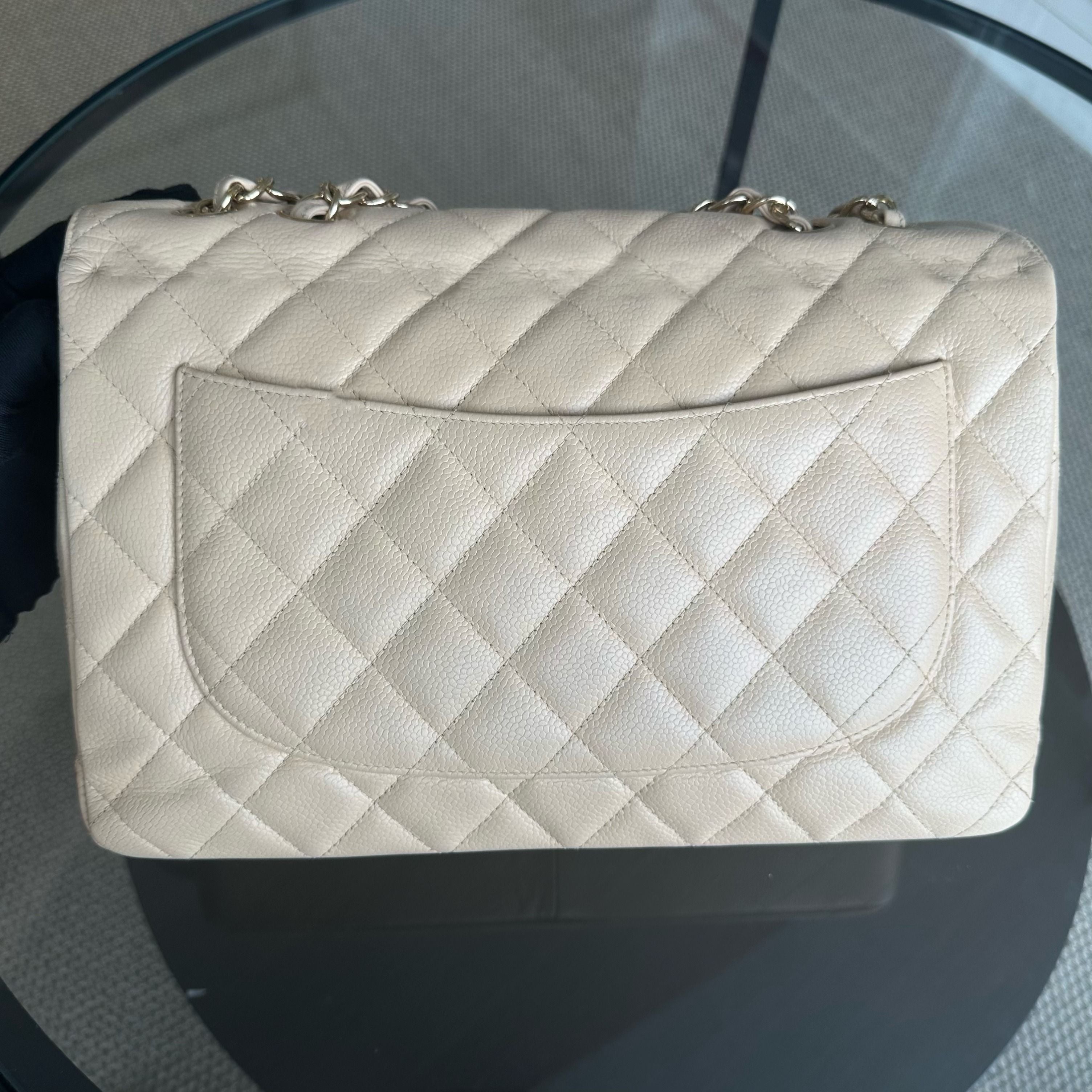 Chanel Caviar Jumbo Classic Flap Single Flap Beige Quilted Calfskin GHW No 13