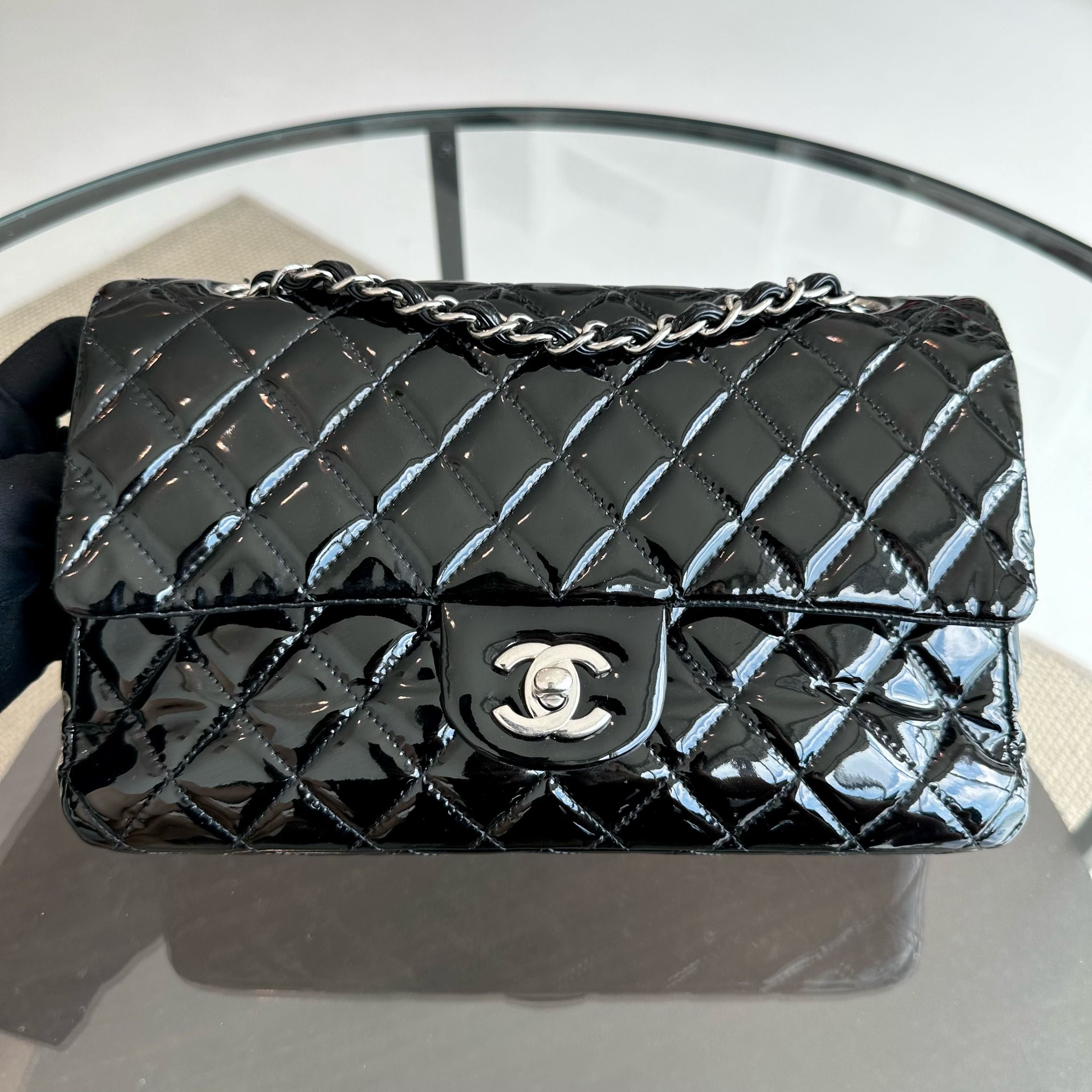 Chanel Medium Classic Flap Patent Leather Quilted Black SHW No 18