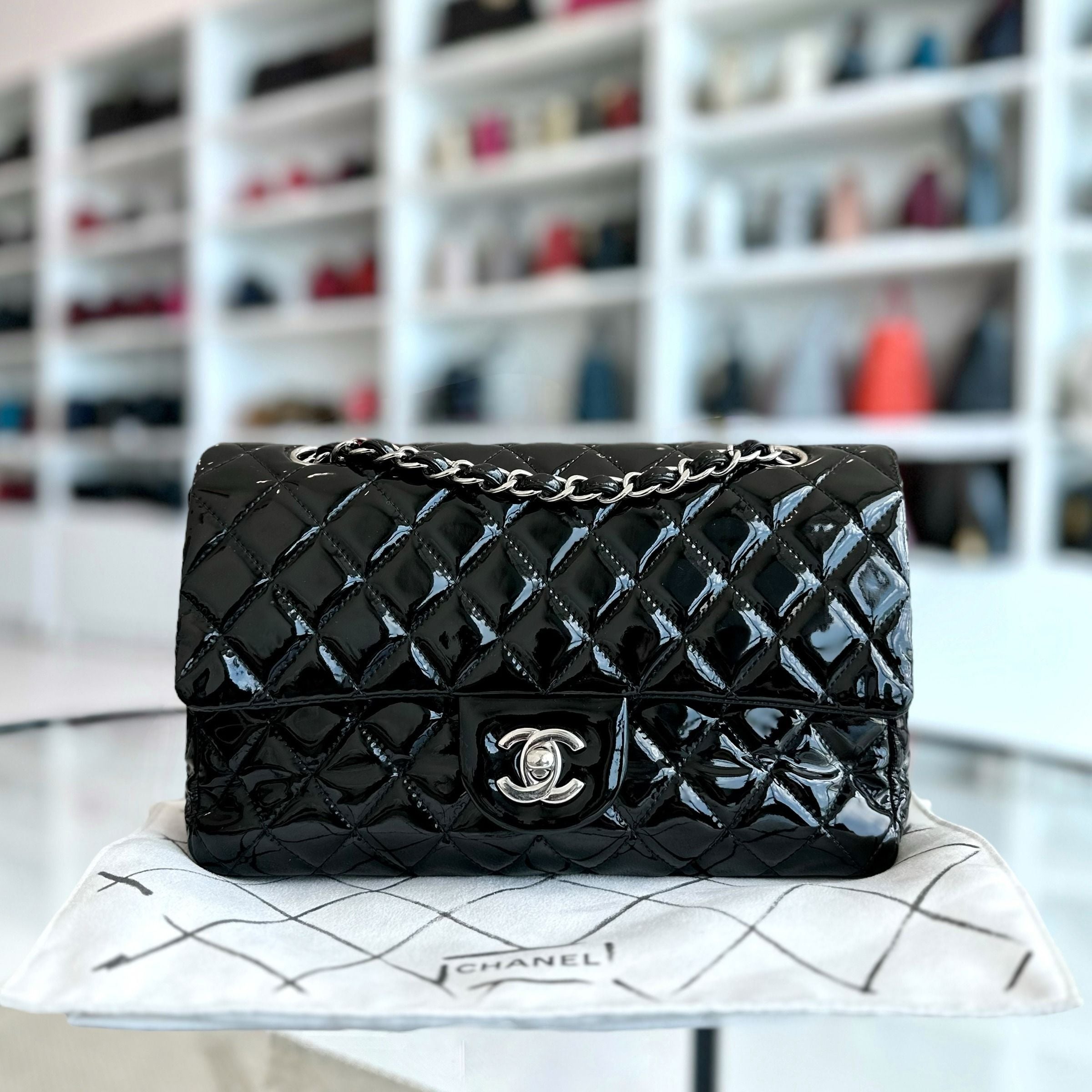 Chanel Medium Classic Flap Patent Leather Quilted Black SHW No 18