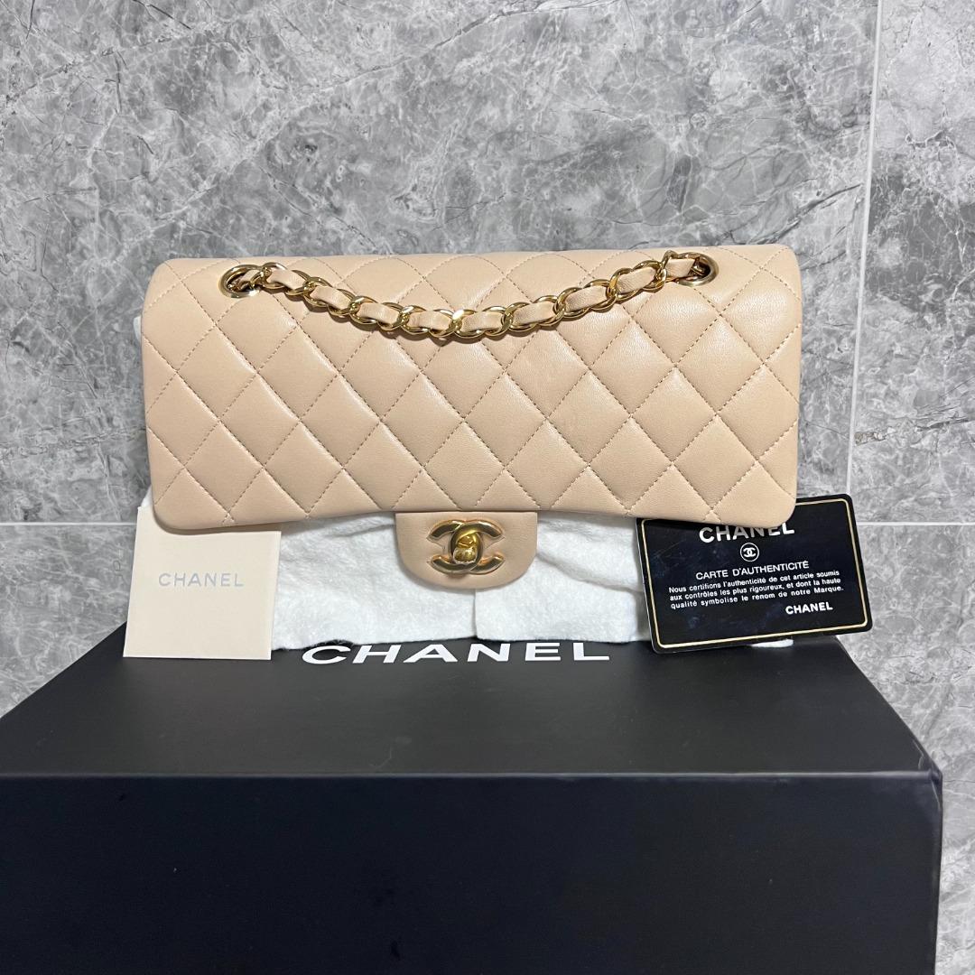 [Clearance]Chanel Classic Medium Double Flap CF Beige Lambskin Gold Hardware - Luxury Evermore