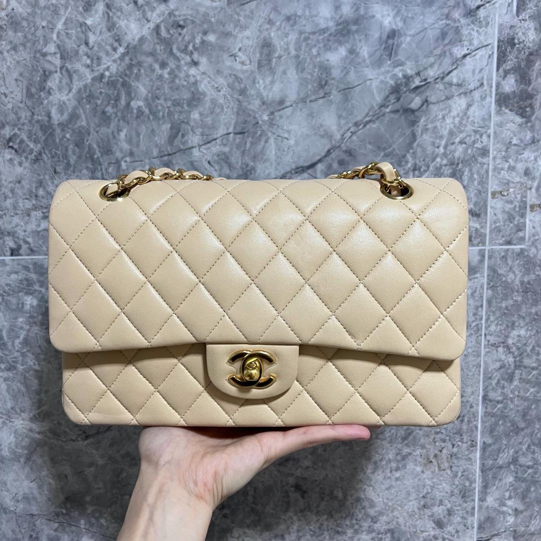 [Clearance]Chanel Classic Medium Double Flap CF Beige Lambskin Gold Hardware - Luxury Evermore