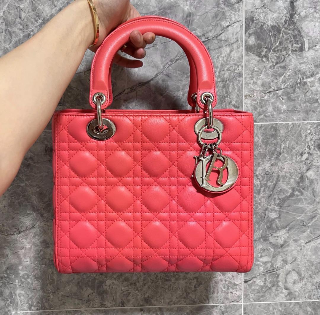 [Clearance]Lady Dior Medium Lambskin with Silver Hardware Pinkish Red - Luxury Evermore