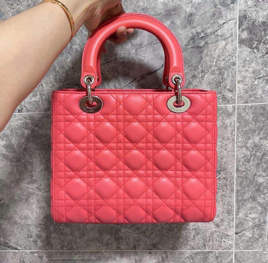 [Clearance]Lady Dior Medium Lambskin with Silver Hardware Pinkish Red - Luxury Evermore