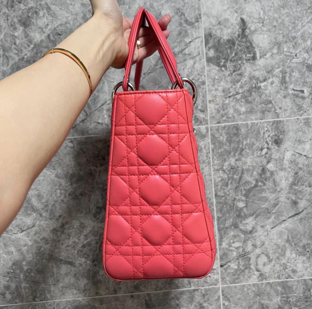 [Clearance]Lady Dior Medium Lambskin with Silver Hardware Pinkish Red - Luxury Evermore