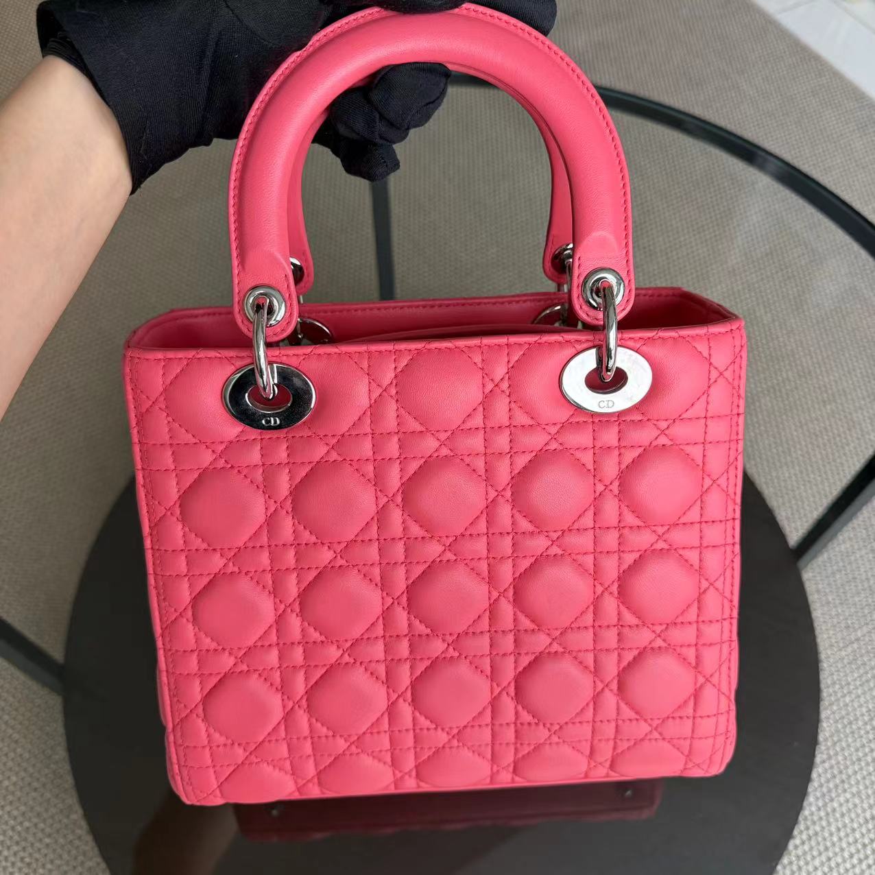 Dior Lady Medium - Cannage Lambskin Hot Pink Handbag Silver Hardware