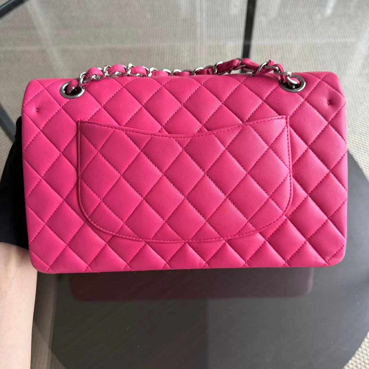 Chanel Classic Flap Medium Bag - Quilted Lambskin Hot Pink Silver Hardware Series 19