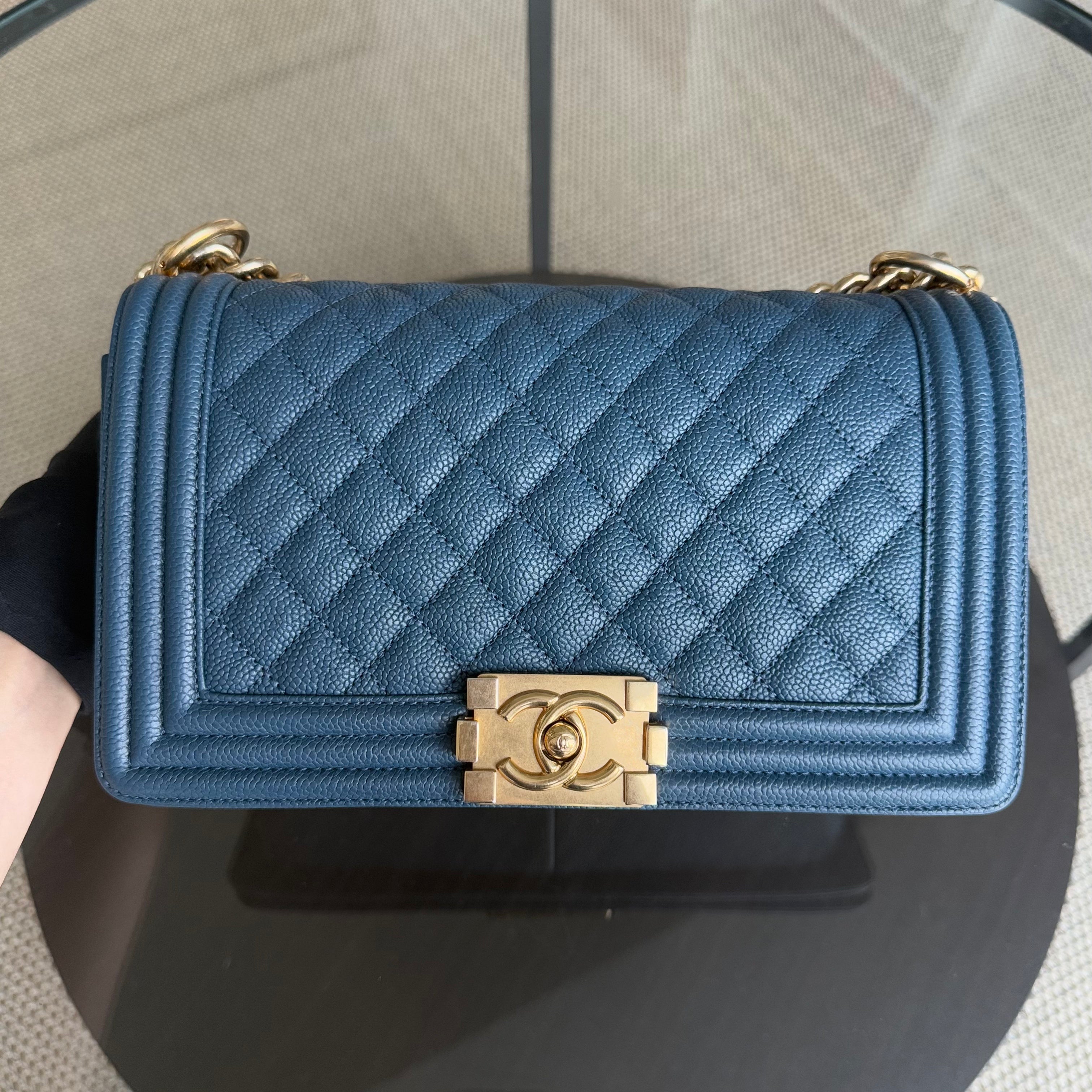 Chanel Boy Medium - Caviar 25CM Quilted Blue Gold Hardware Series 23