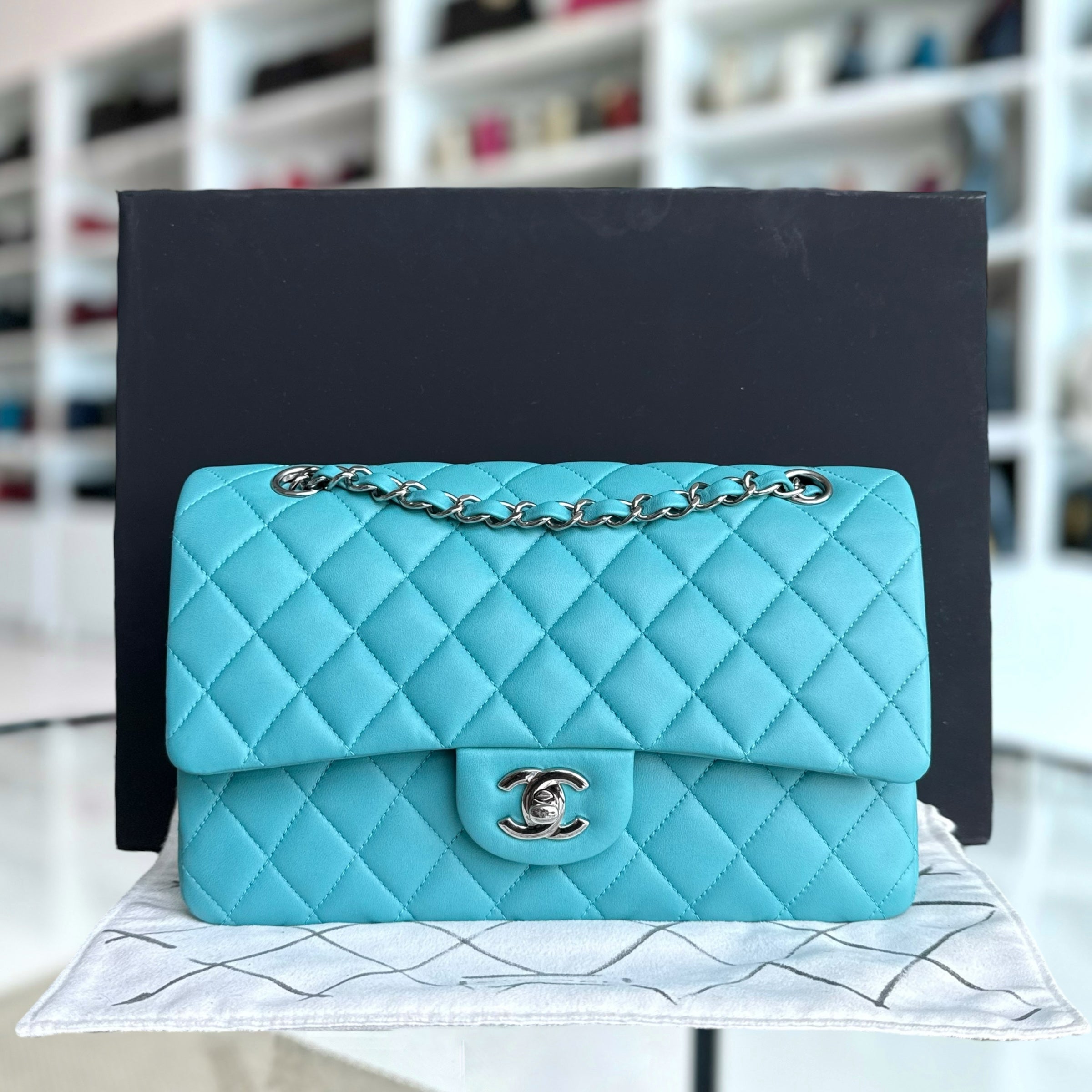 Chanel Classic Flap Medium - 25CM Quilted Lambskin Light Blue Silver Hardware Series 19