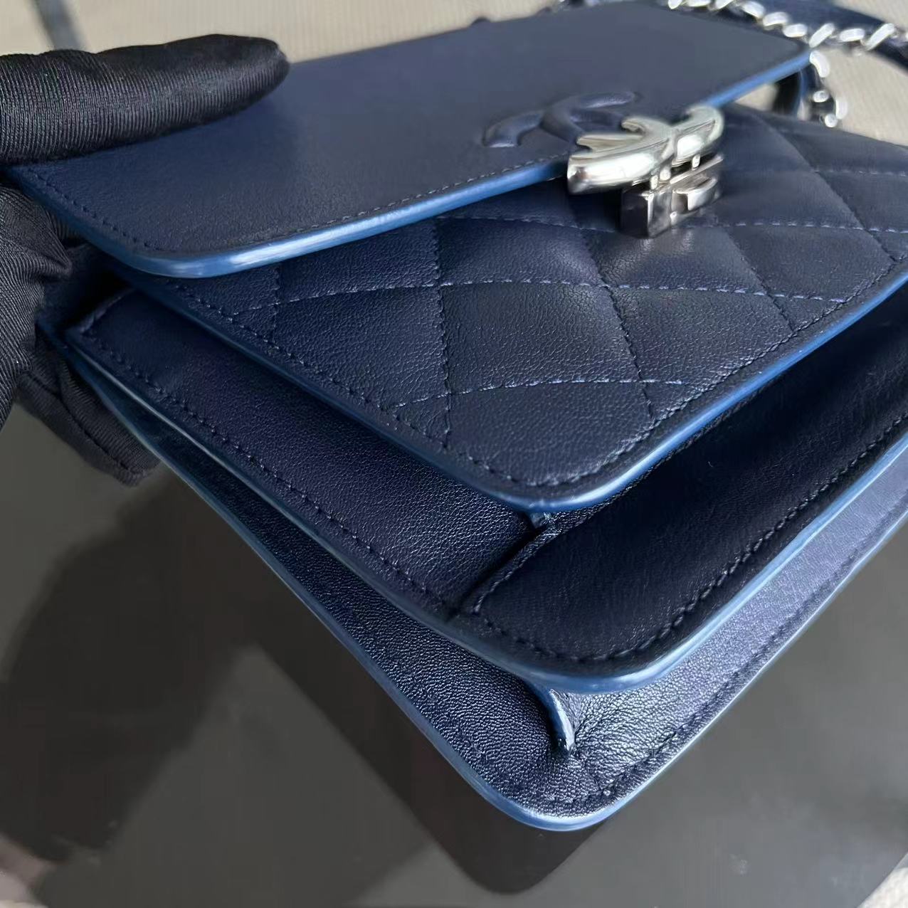 *Full Set, Receipt* Small CC Box Flap Bag Quilted Calfskin Dark Blue Silver Hardware Series 25