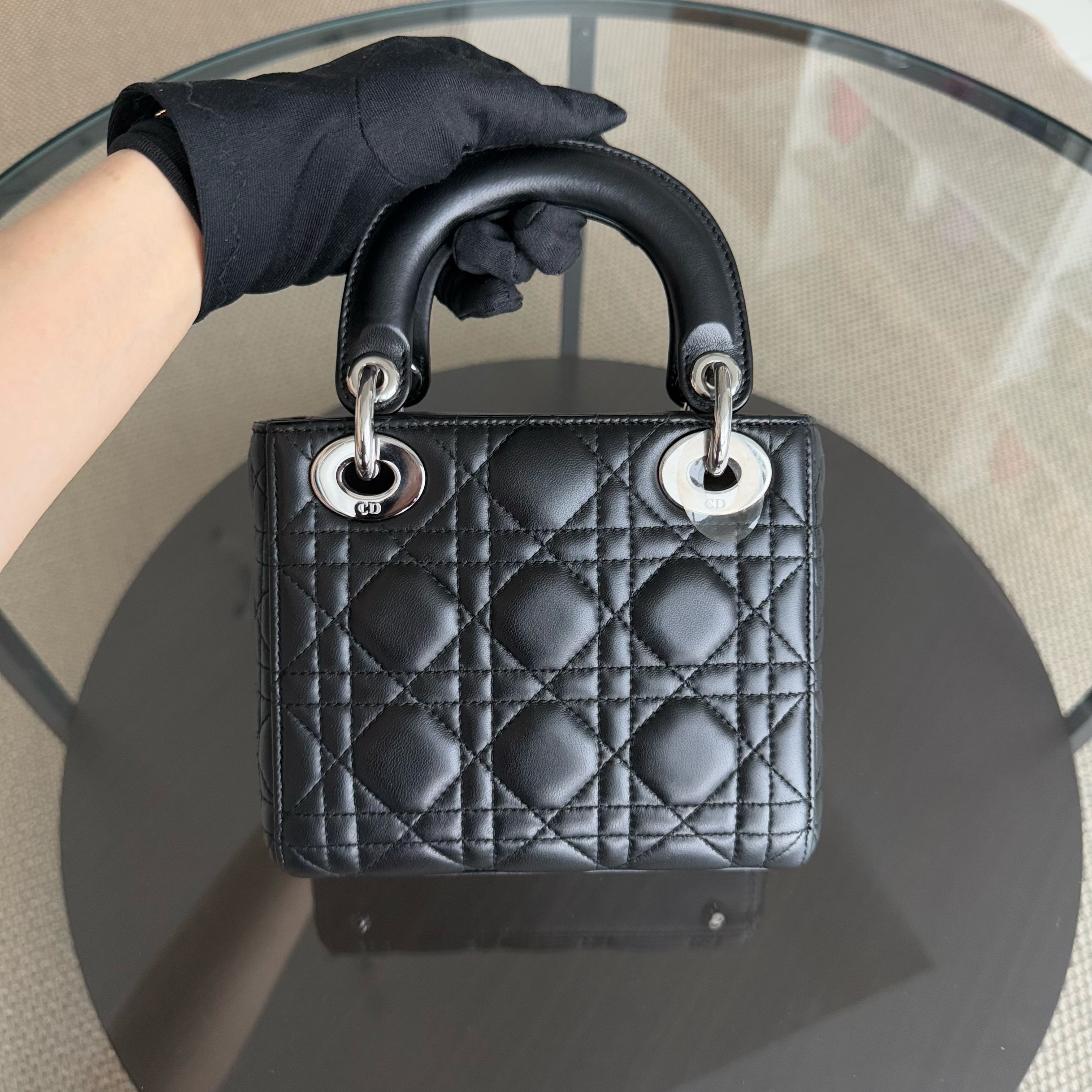 Dior Lady Mini - Cannage Lambskin 17CM Black Silver Hardware Adjustable Strap