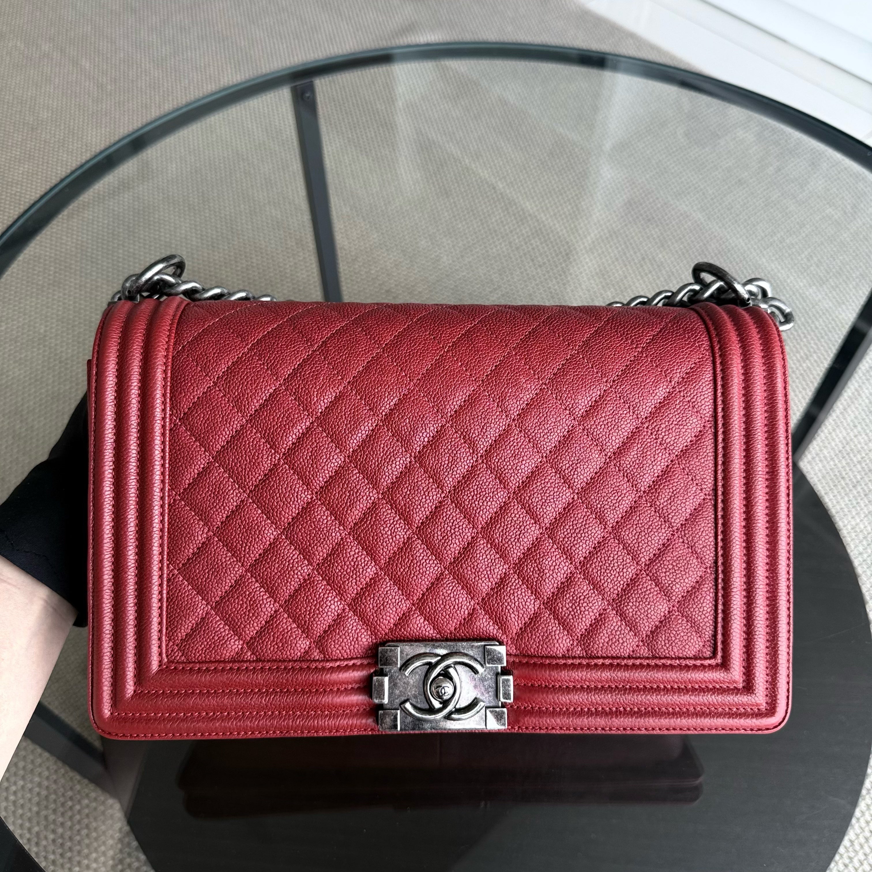 Chanel Boy Medium - Caviar 28CM Quilted Dark Red Ruthenium Silver Hardware Series 23