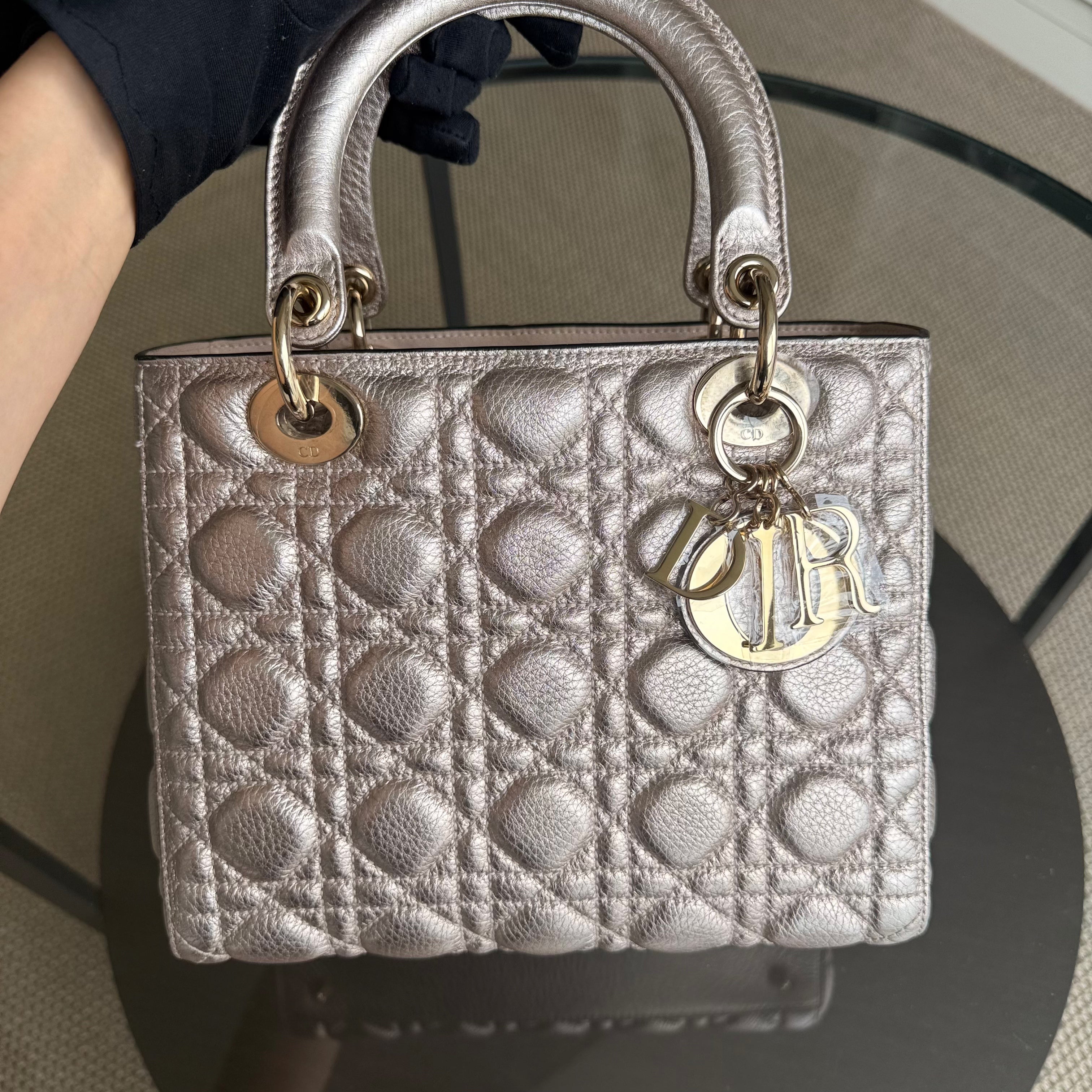 Dior Lady Medium Flap - Cannage Metallic Calfskin Rose Gold Gold Hardware