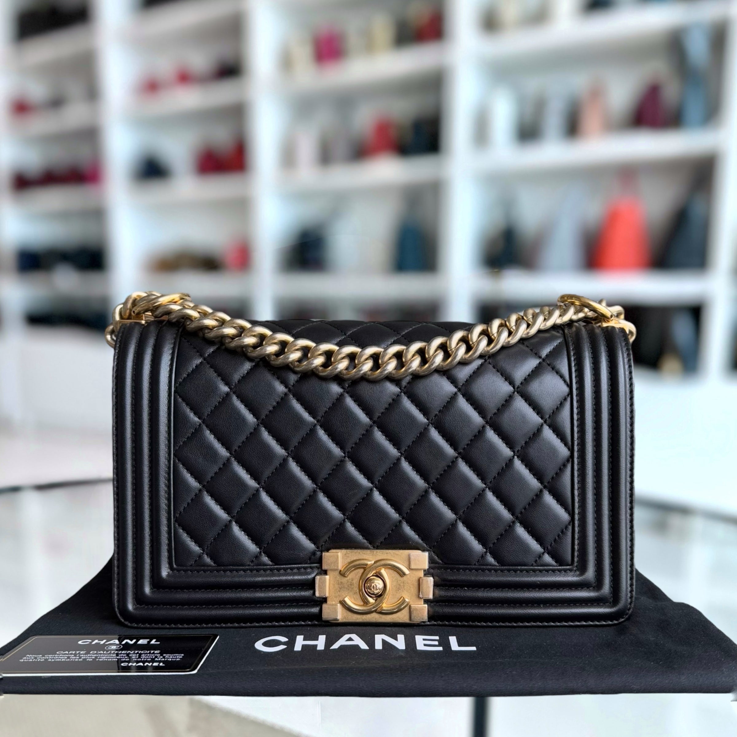 Chanel Boy Medium - 25CM Quilted Lambskin Black Gold Hardware Series 21