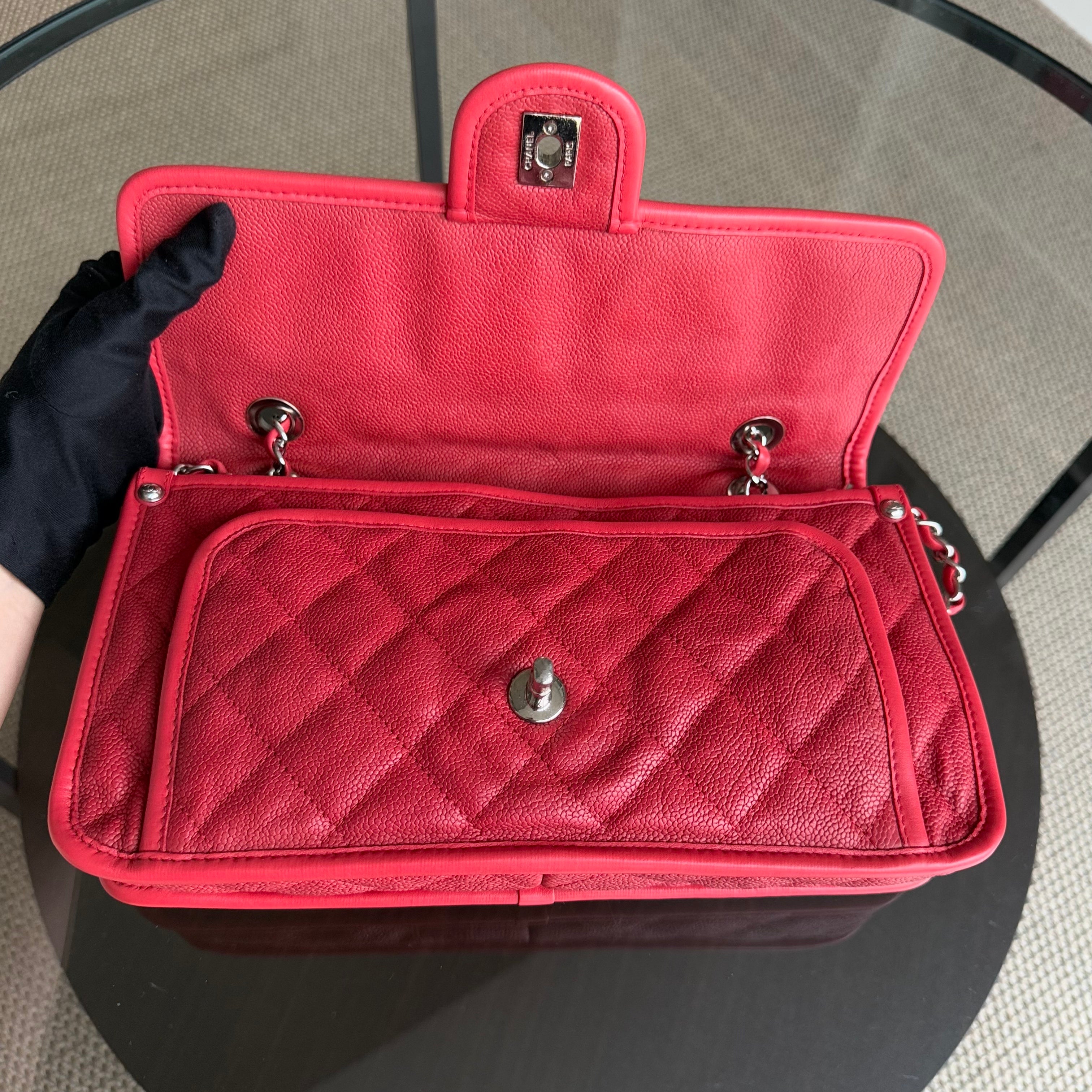 Chanel French Riviera - Caviar 29CM Quilted Seasonal Flap Red Silver Hardware Series 15