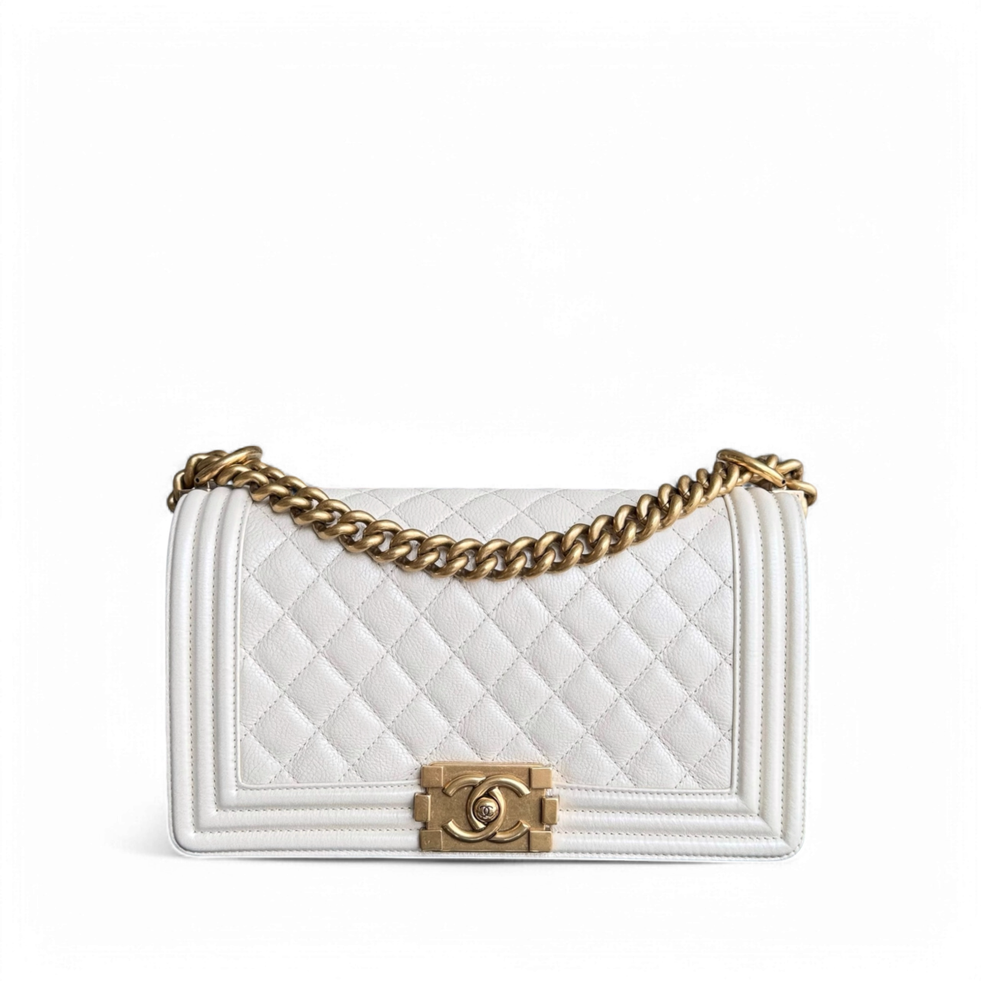 Chanel Boy Medium - Calfskin 25CM Quilted Cream White Aged Gold Hardware Series 20