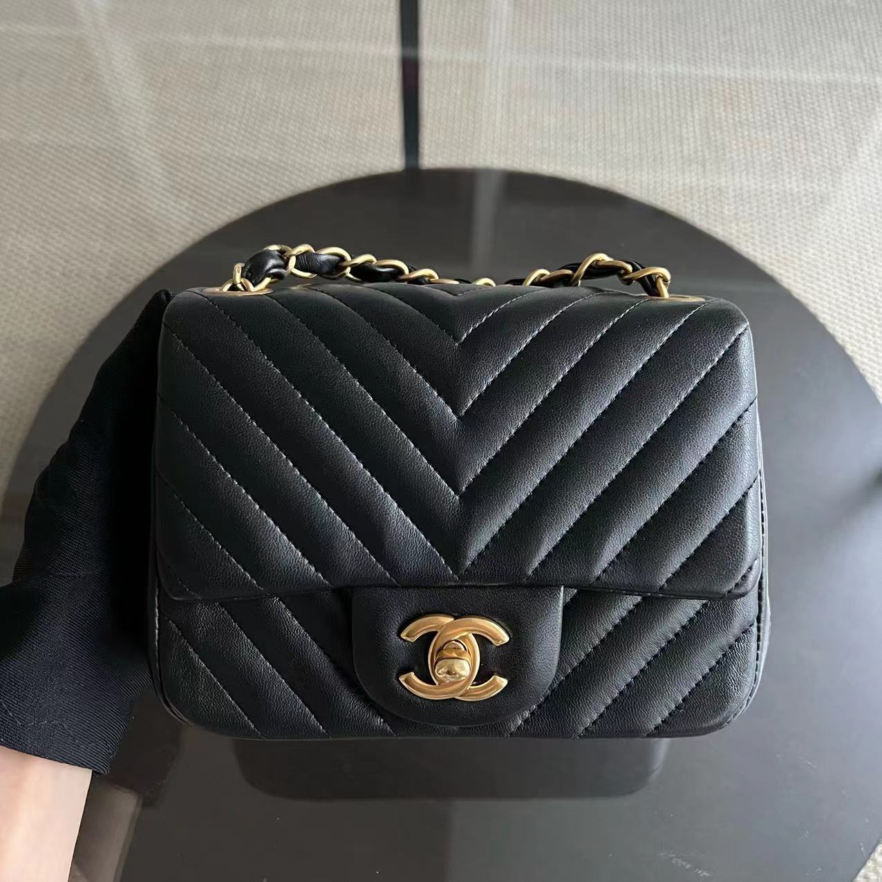 Chanel Mini Square Classic Flap Chevron Black Golden Hardware Series 21